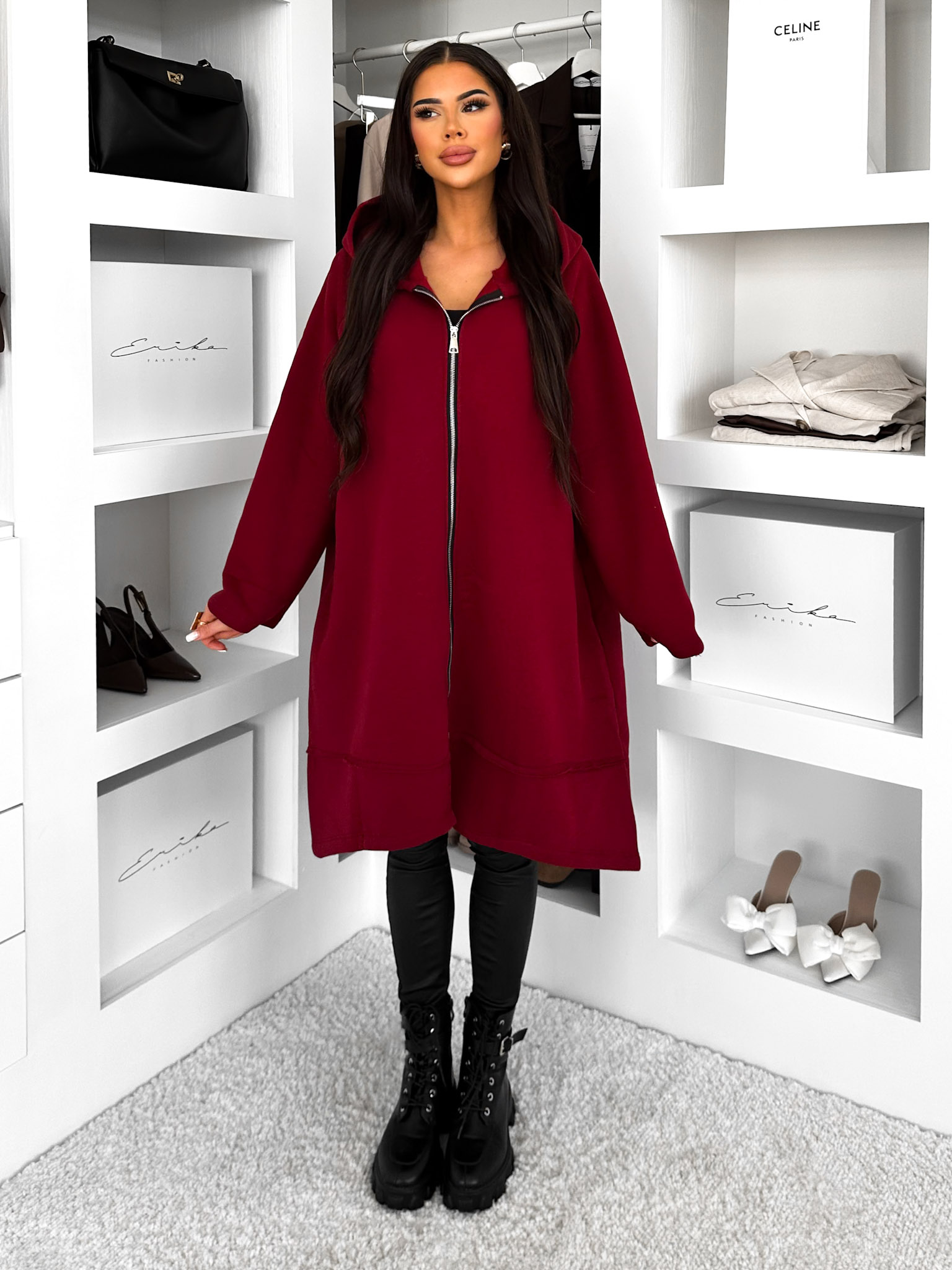 Levně Vínová oversize dlouhá mikina PLUSYT na zip 