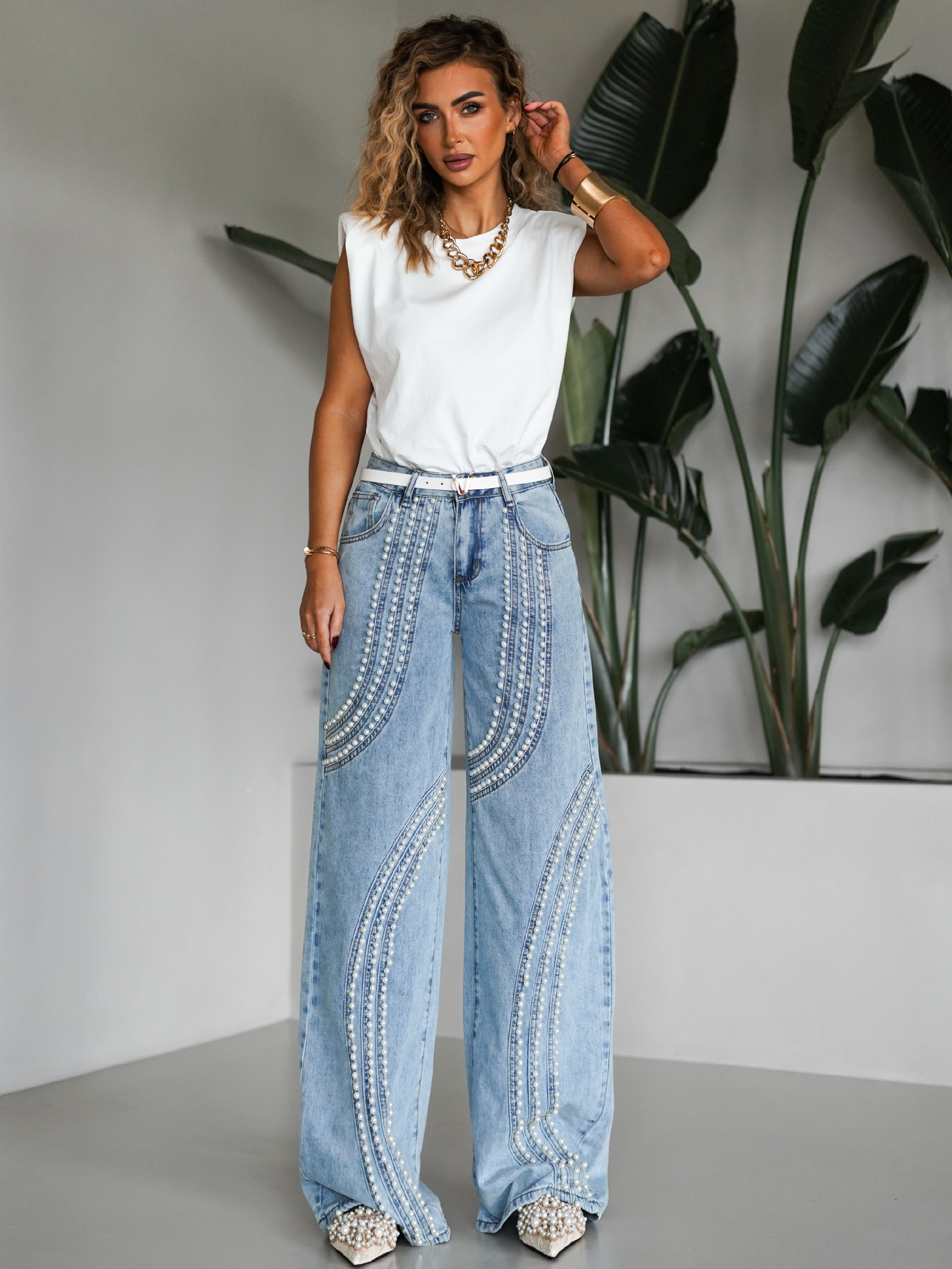 Levně Modré stylové široké wide leg džíny TRINHA s perličkami