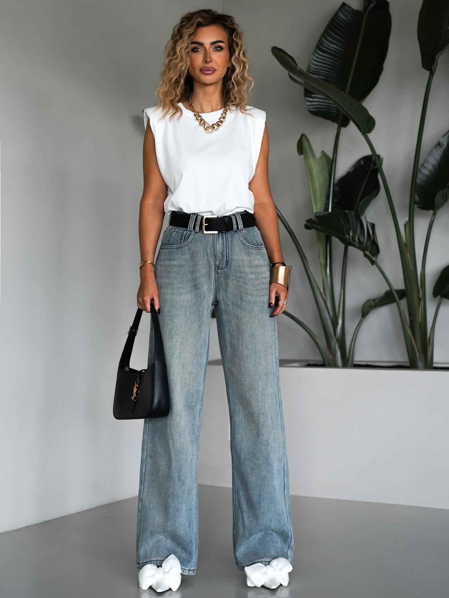 Modré vyteplené široké wide leg džíny KHIEM 