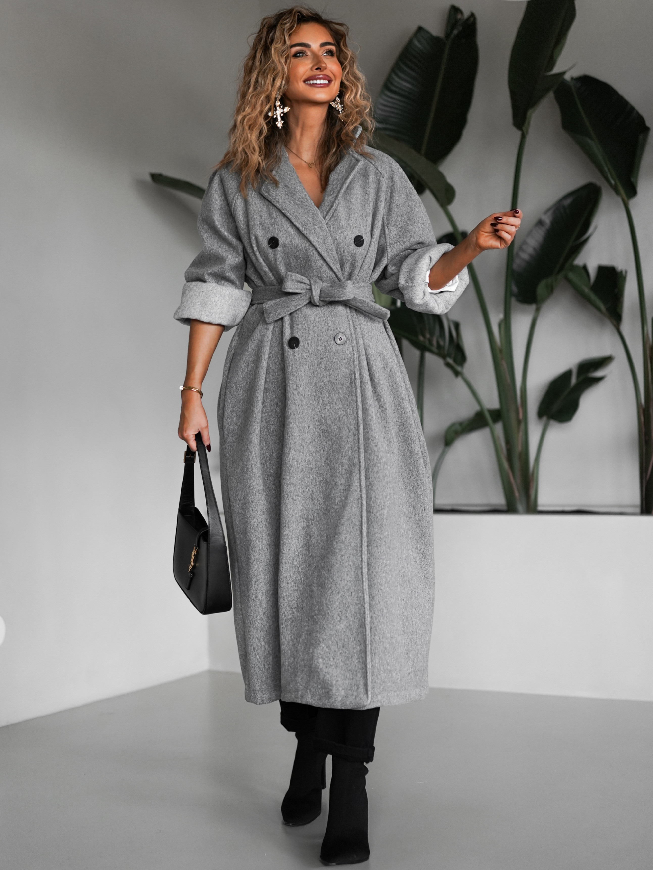 Šedý dlouhý elegantní oversize kabát KERRYL 