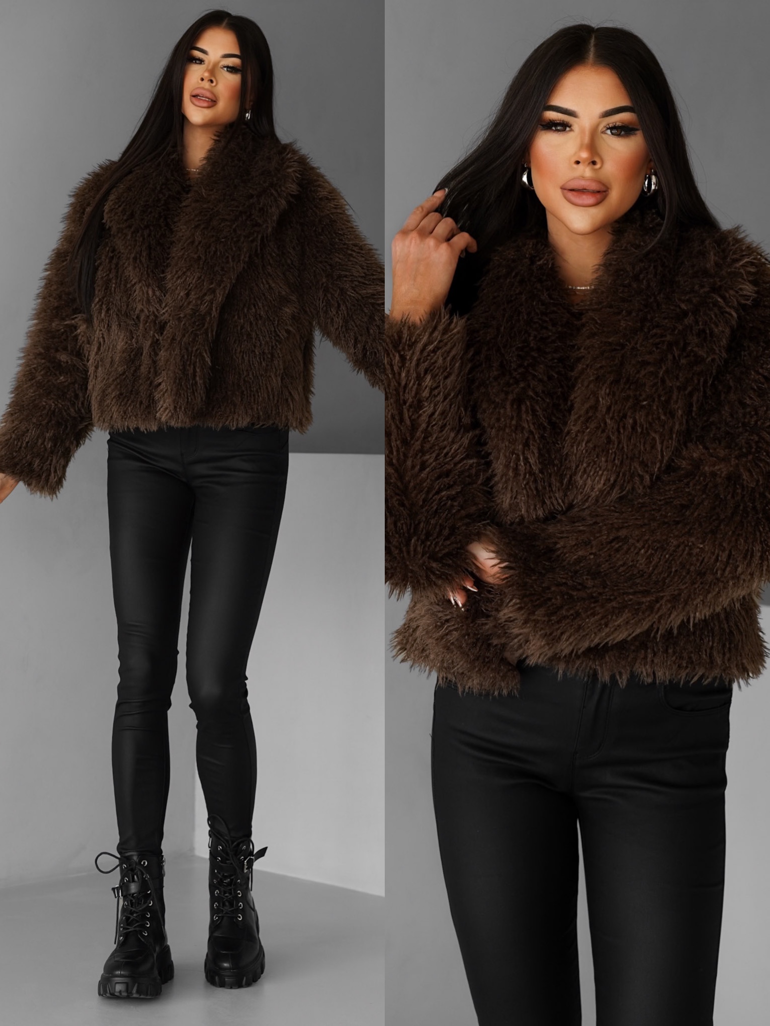 Levně Hnědý krátký faux fur kožešinový kabátek BIHARY 