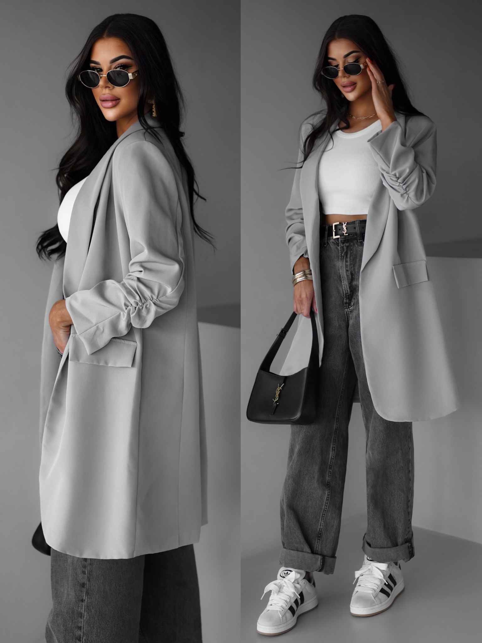 Levně Šedé elegantní dlouhé sako CASTIEL