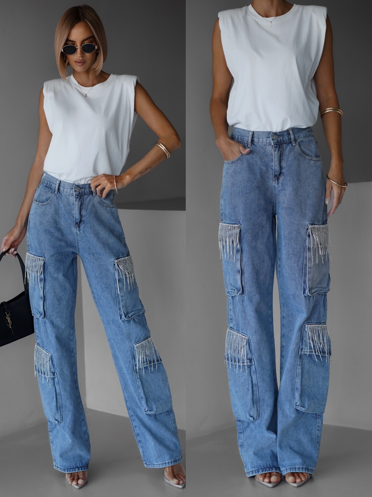 Modré cargo wide leg džíny VOLKMAR s kamínky 