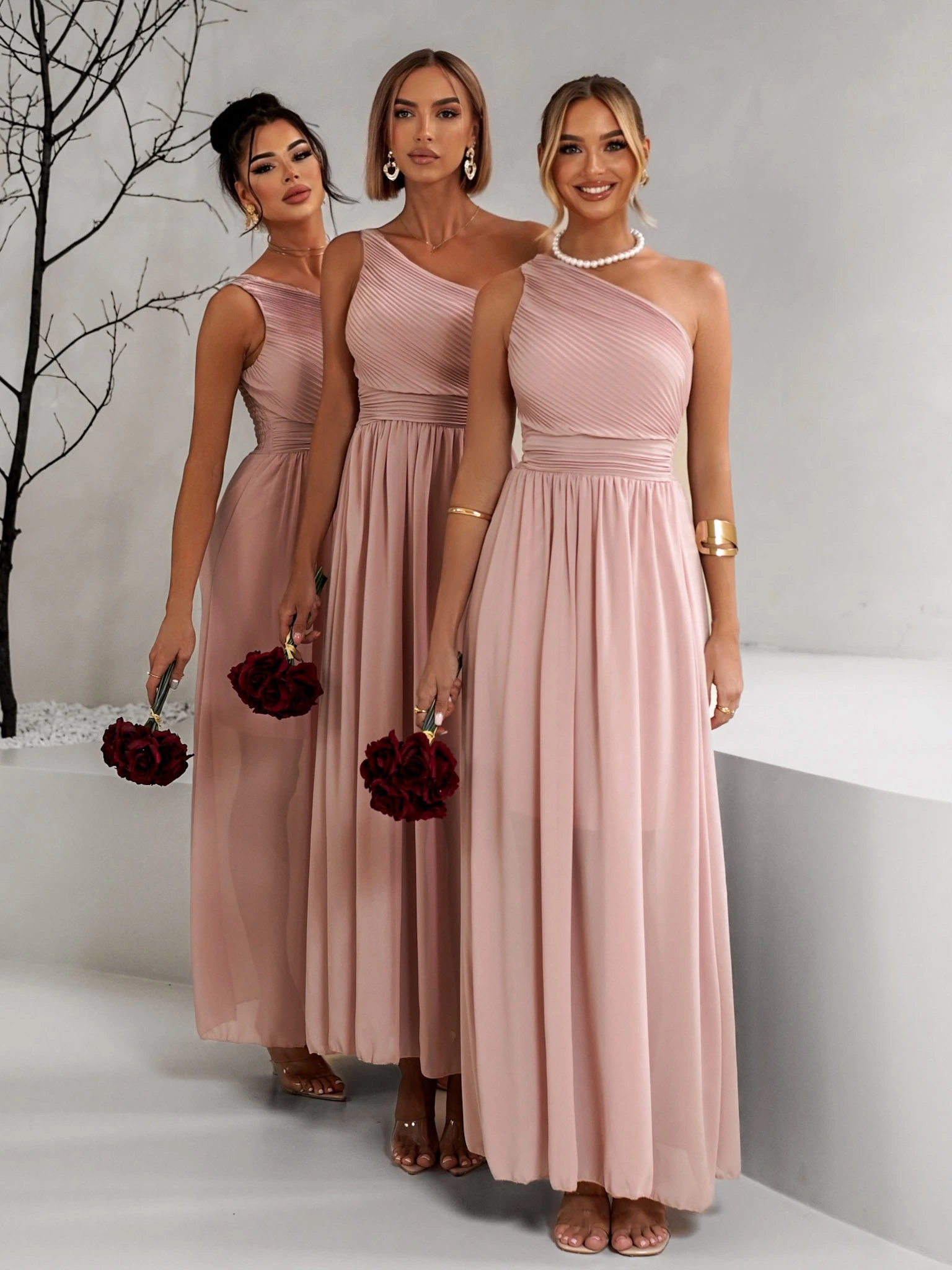 Starorůžové asymetrické dlouhé šaty FLOAT pro družičky 