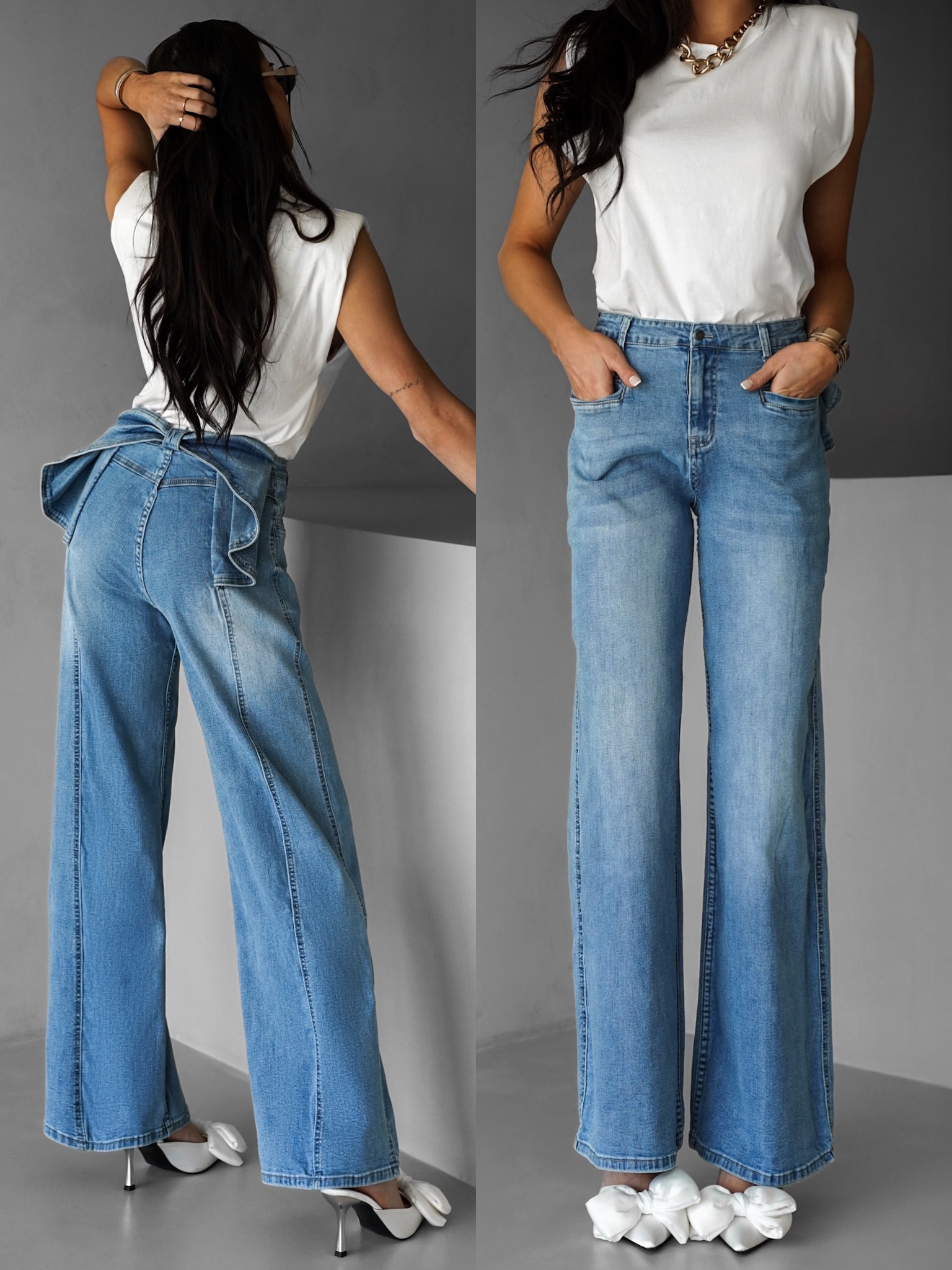 Modré wide leg široké džíny CUIANG s mašlí 