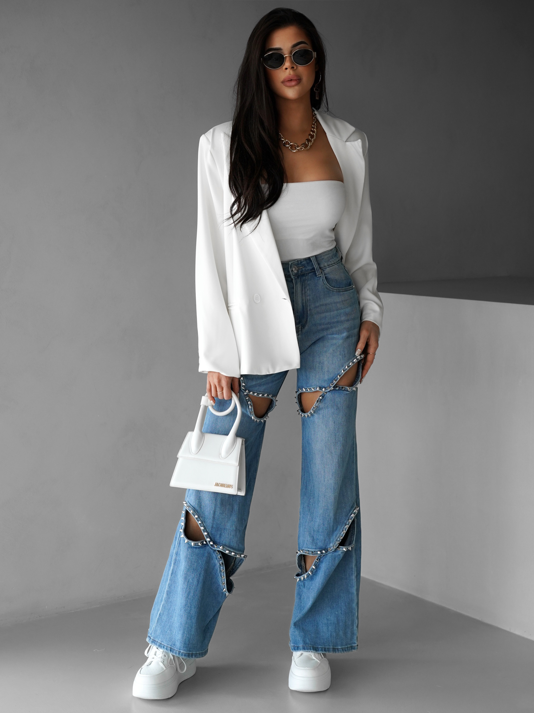 Modré wide leg džíny CHARYTIN s cvoky 