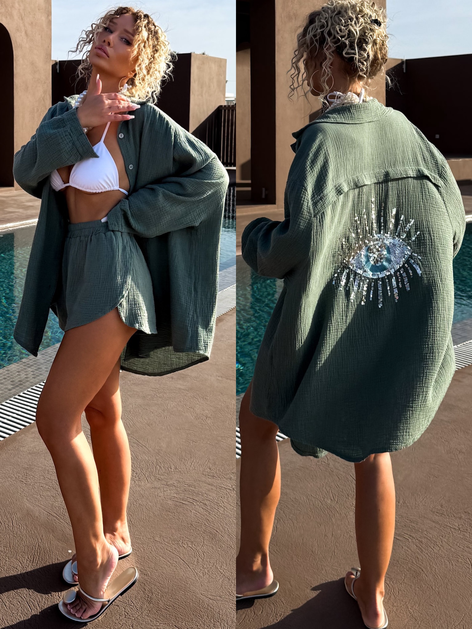Levně Khaki mušelínová oversize košile BOGUSY s flitry
