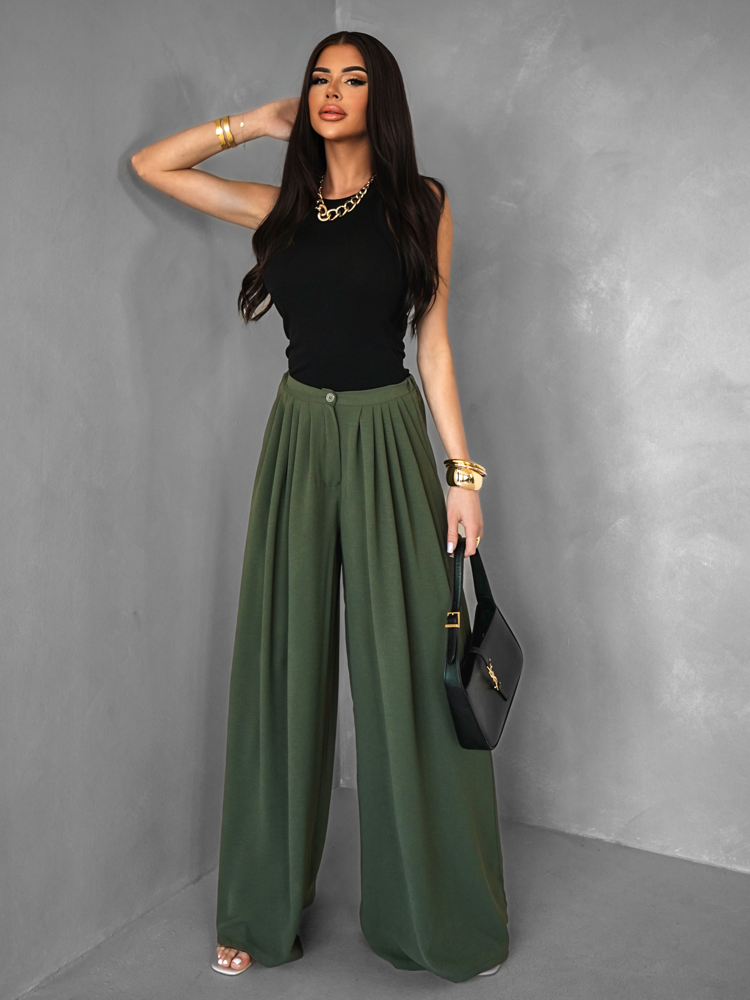 Khaki široké wide leg kalhoty VATIKA 