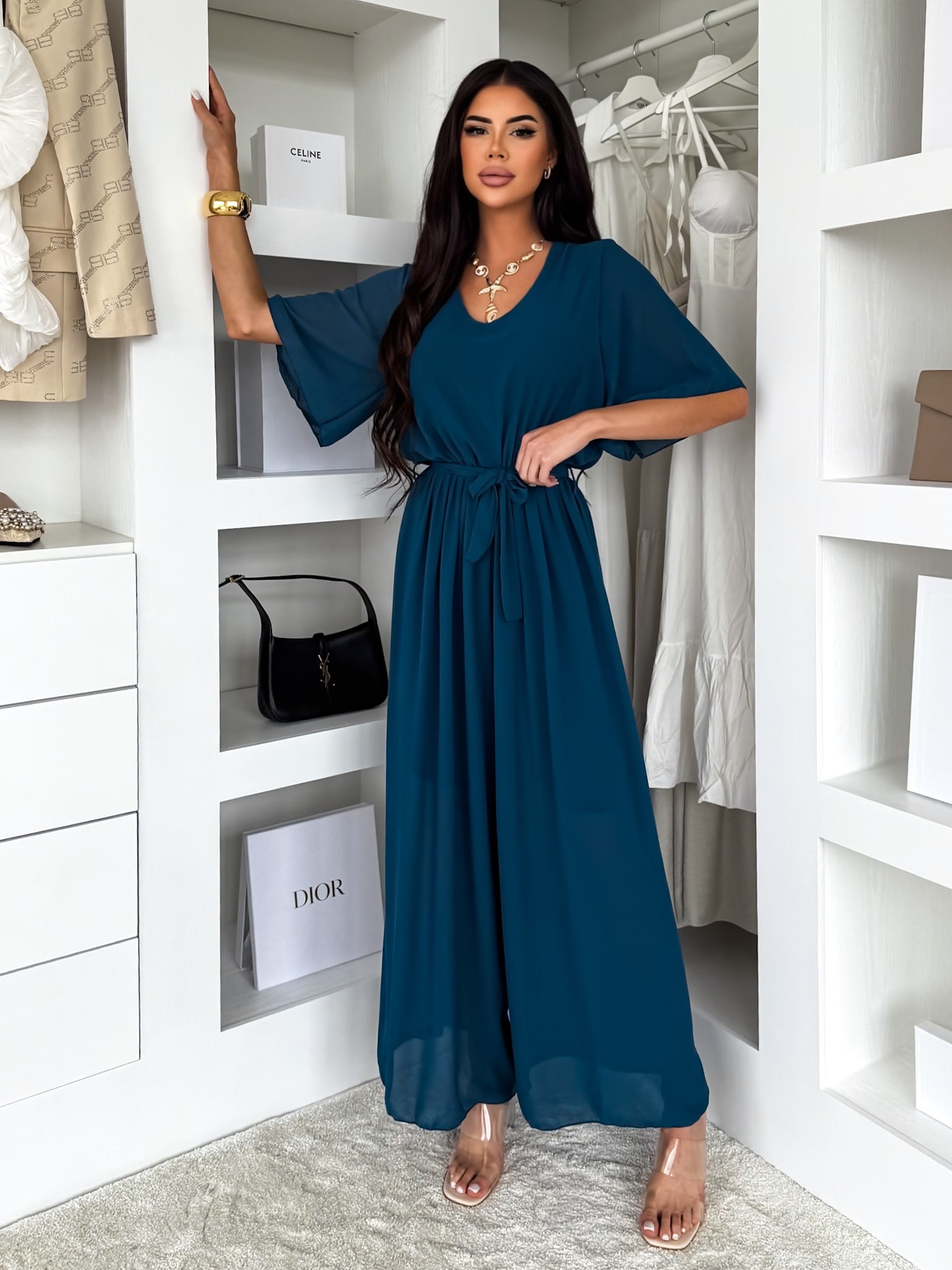 Levně Petrolejový elegantní dlouhý společenský overal LEIRIA