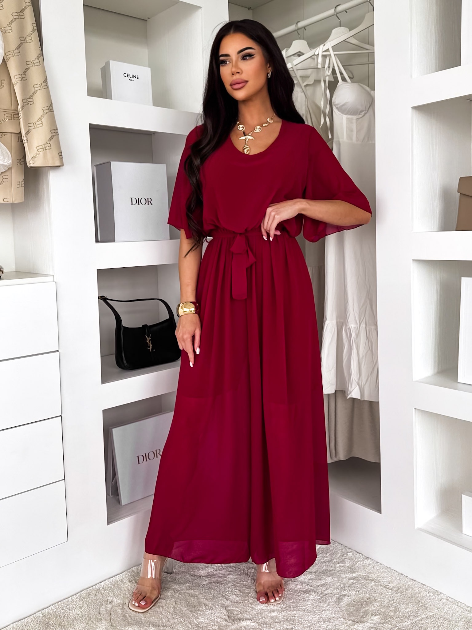 Levně Bordó elegantní dlouhý společenský overal LEIRIA