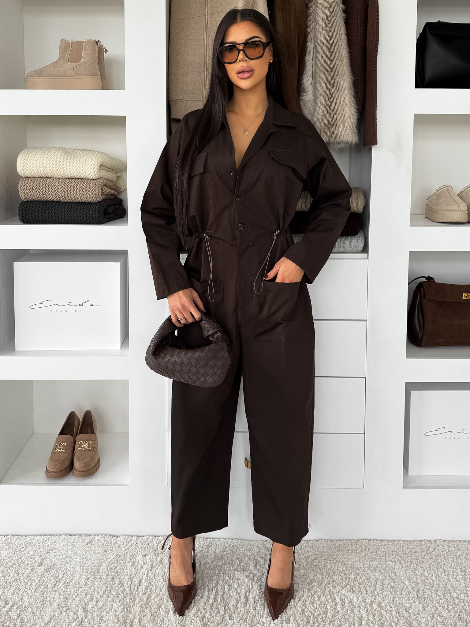 Levně Hnědý dlouhý bavlněný oversize overal JAVAILA