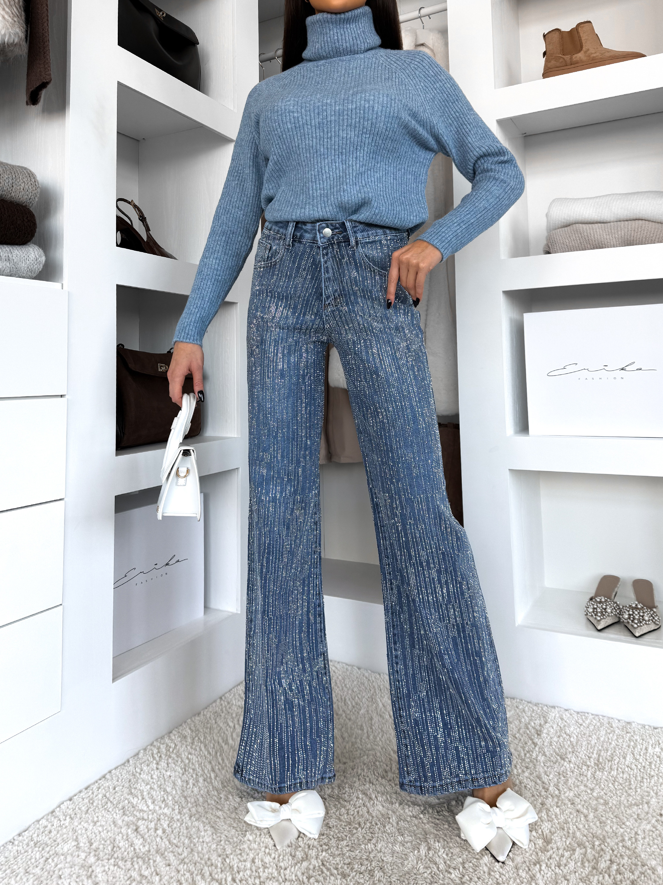 Levně Modré třpytivé široké wide leg džíny RYNOY