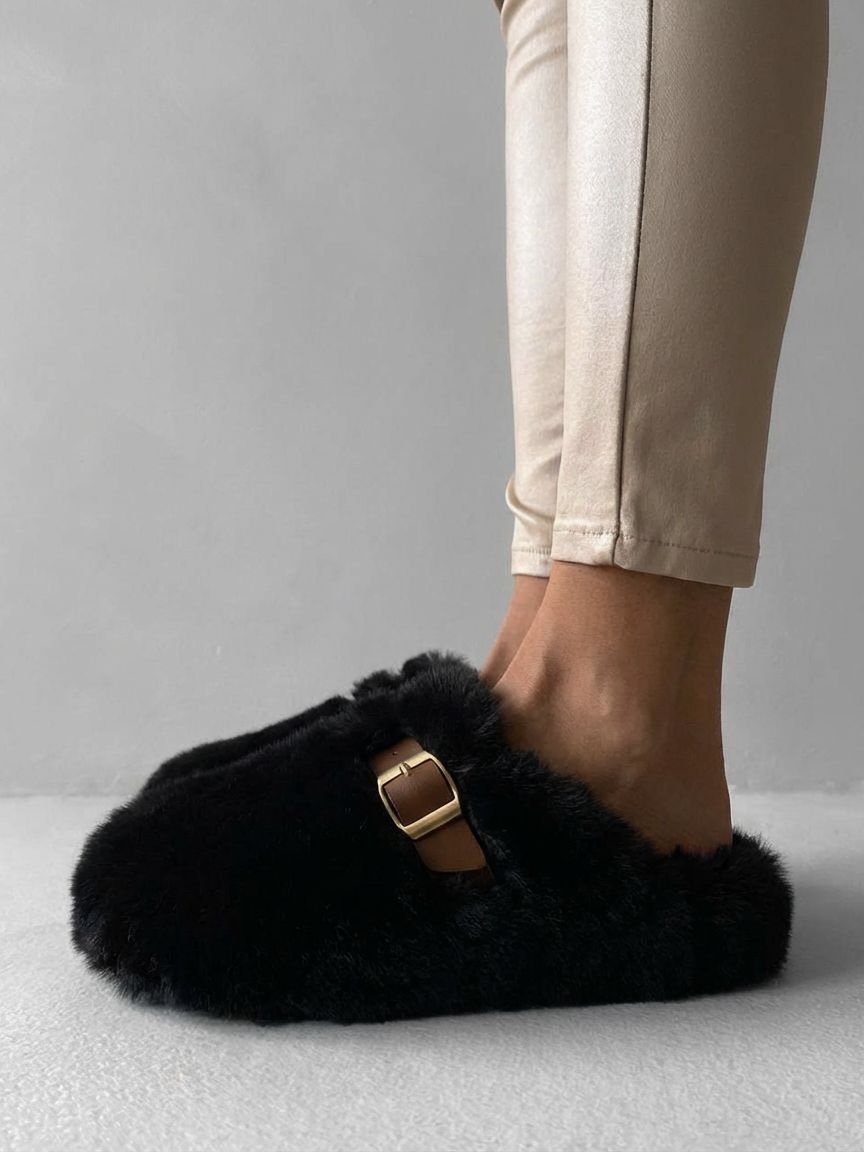 Levně Černé huňaté pantofle FLUFFIES s páskem