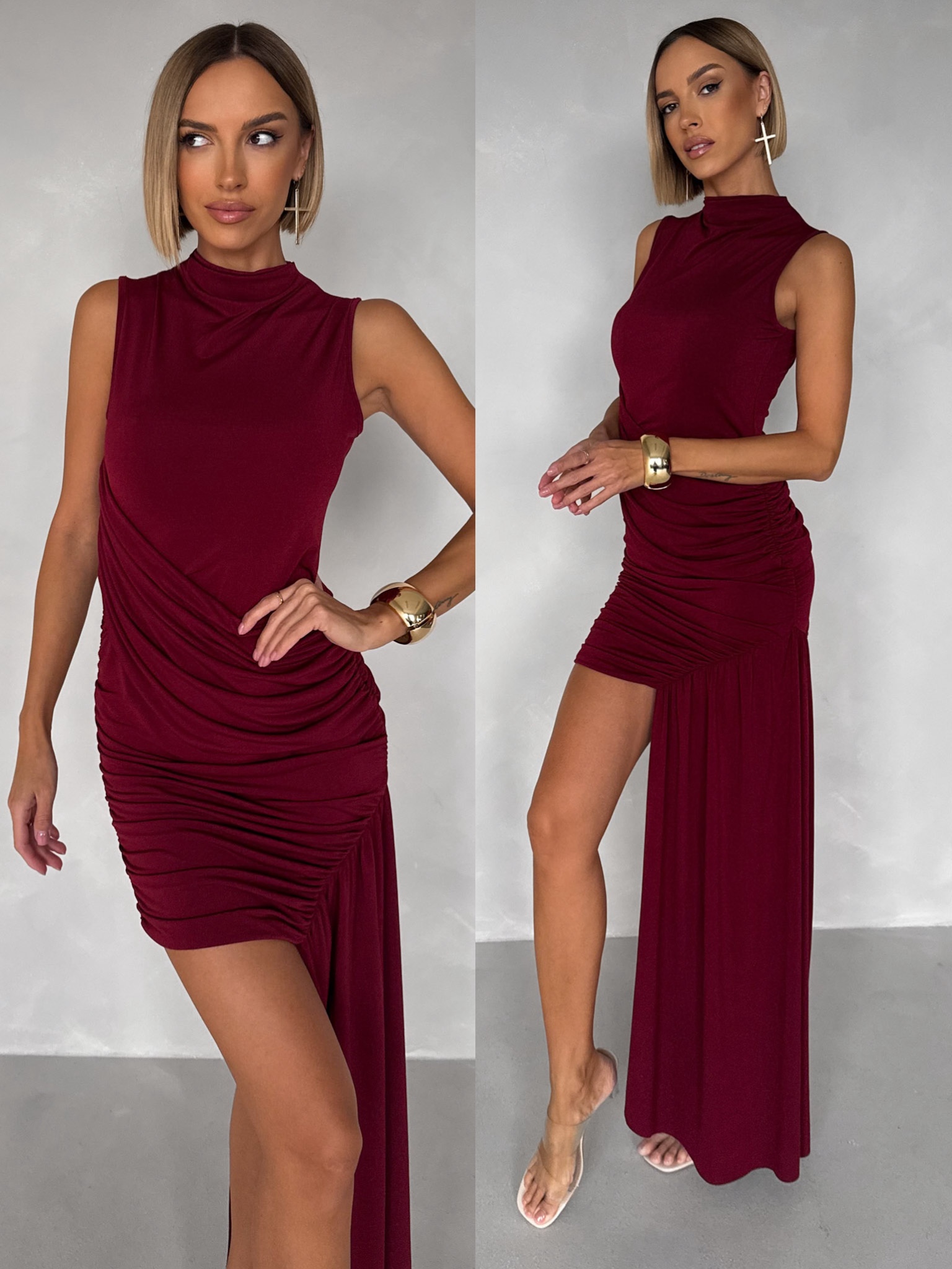 Levně Bordó elegantní asymetrické mini šaty ELOIR