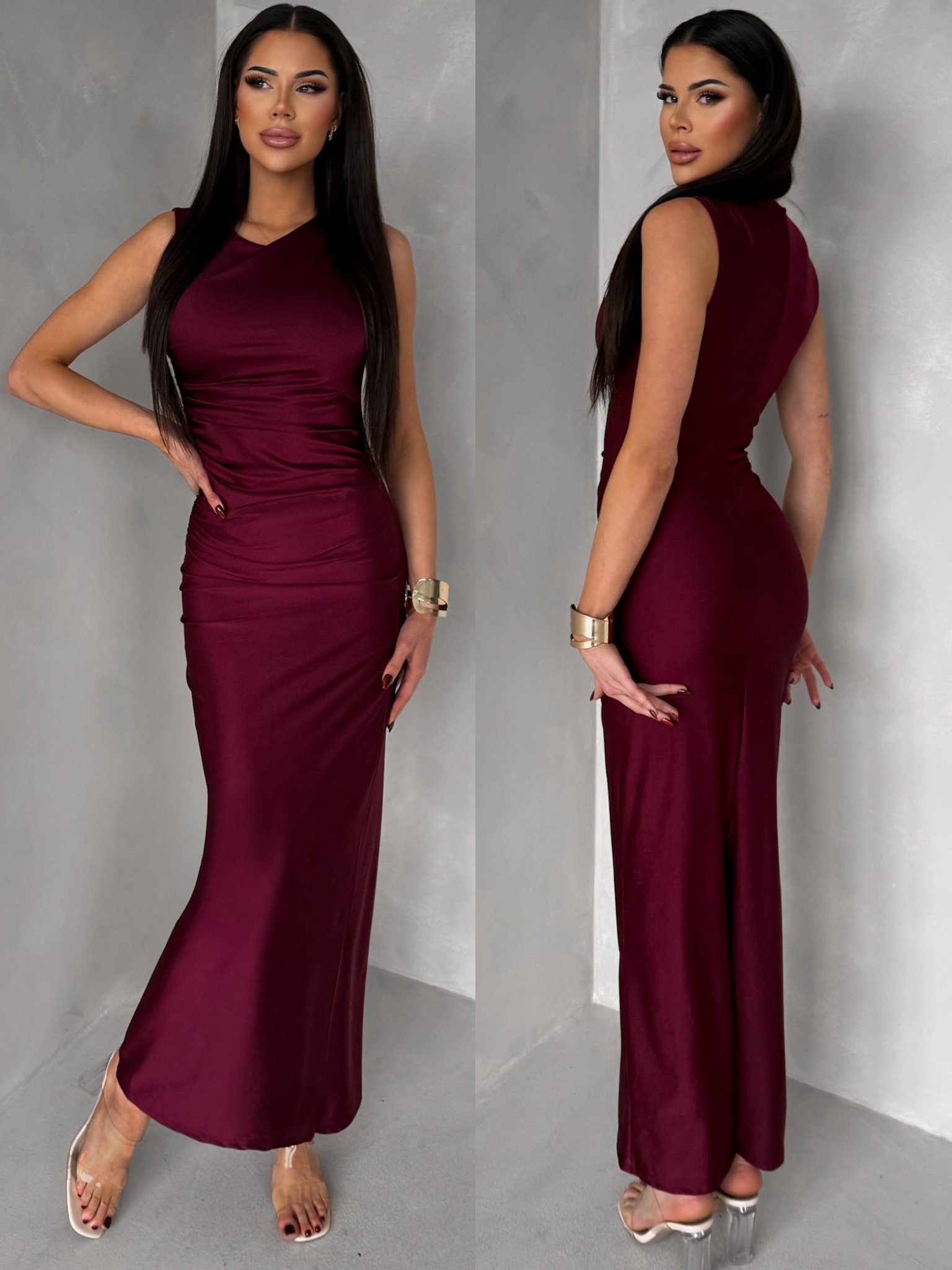 Levně Bordó elegantní dlouhé společenské šaty DRAVELY s řasením