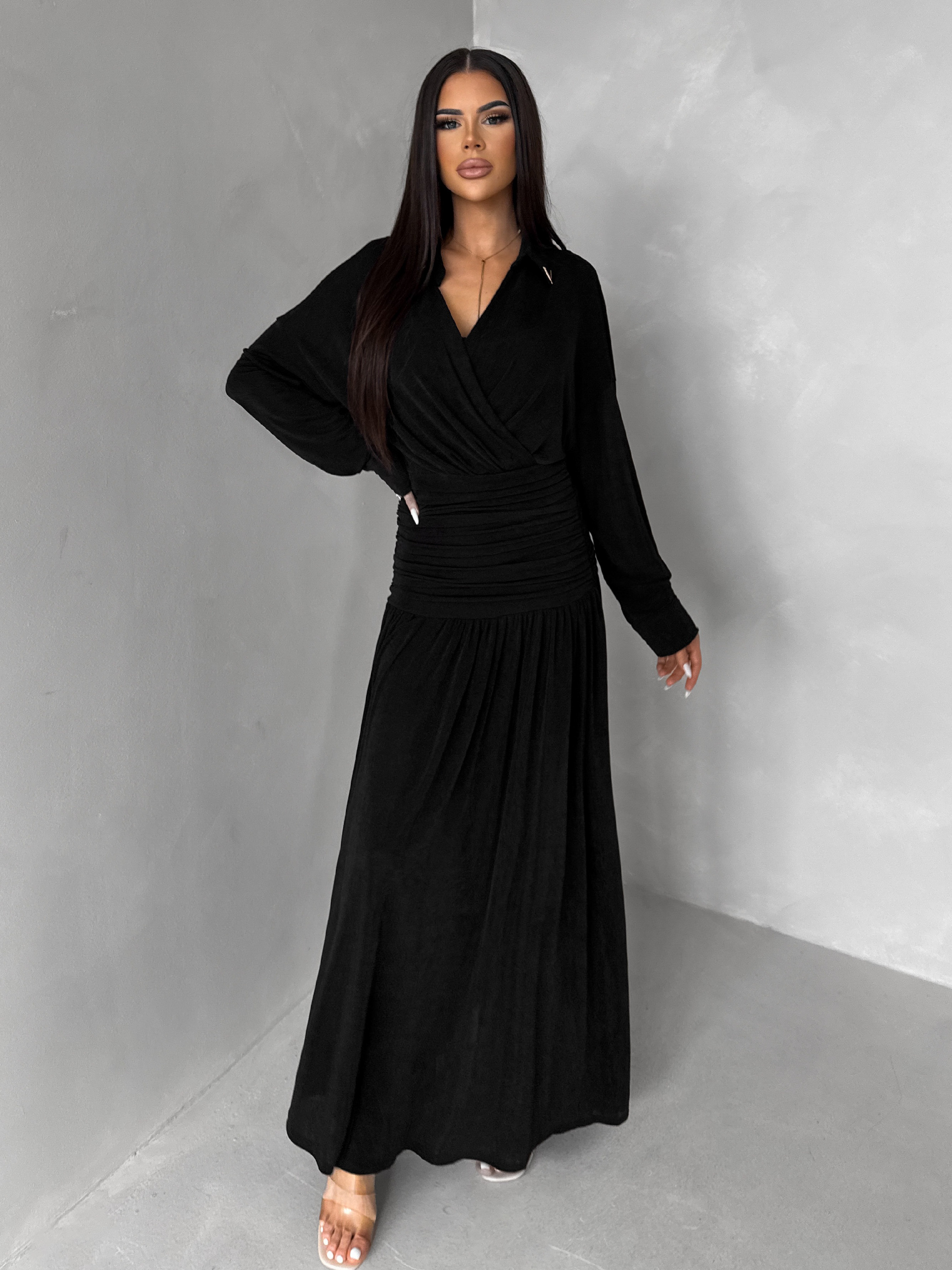 Levně Černé dlouhé elegantní šaty SPIRIT s řasením