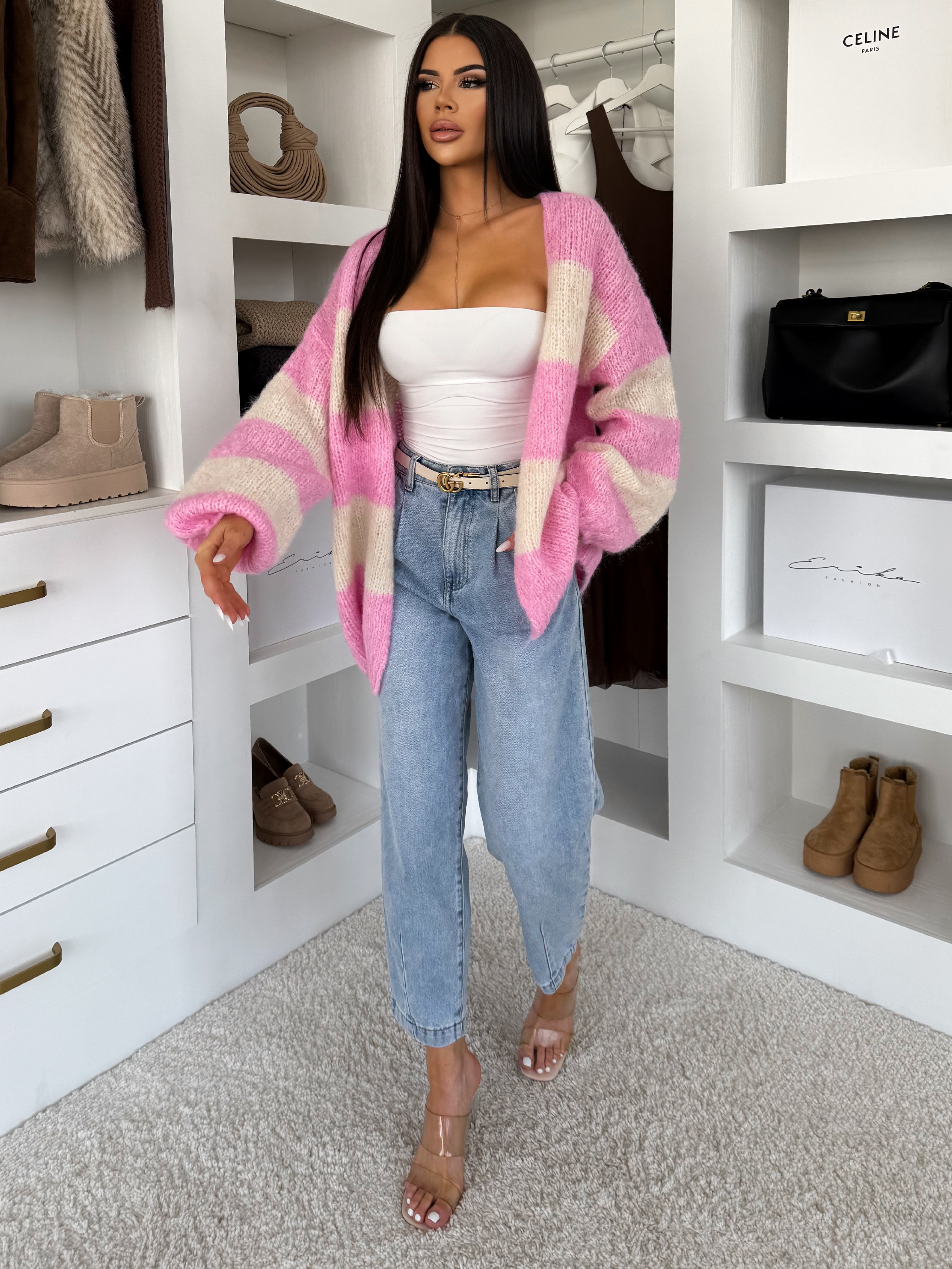Levně Růžový pletený pruhovaný oversize cardigan GRENTO 