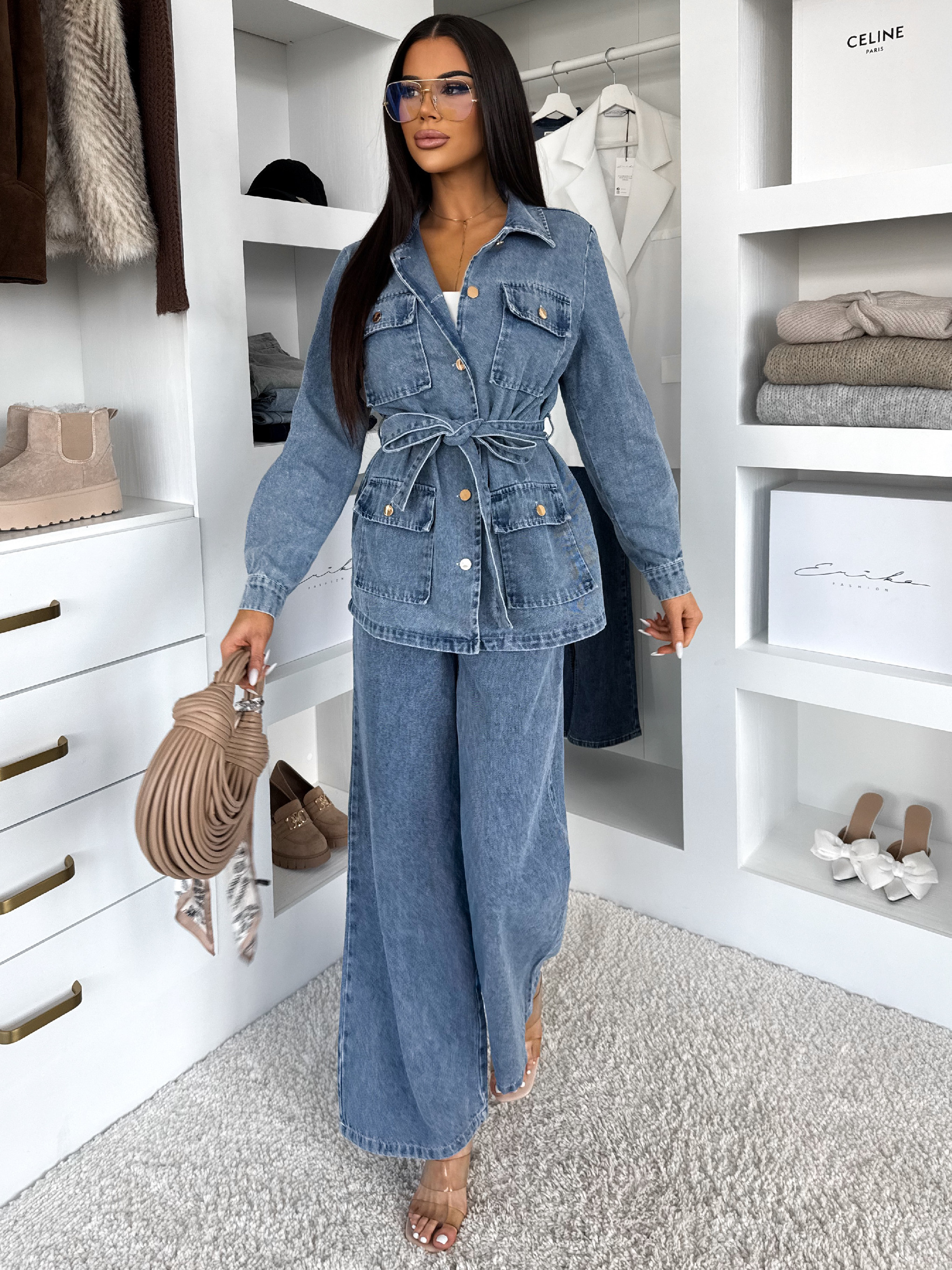 Levně Modrý kalhotový džínový denim komplet ZYLORA s košilí