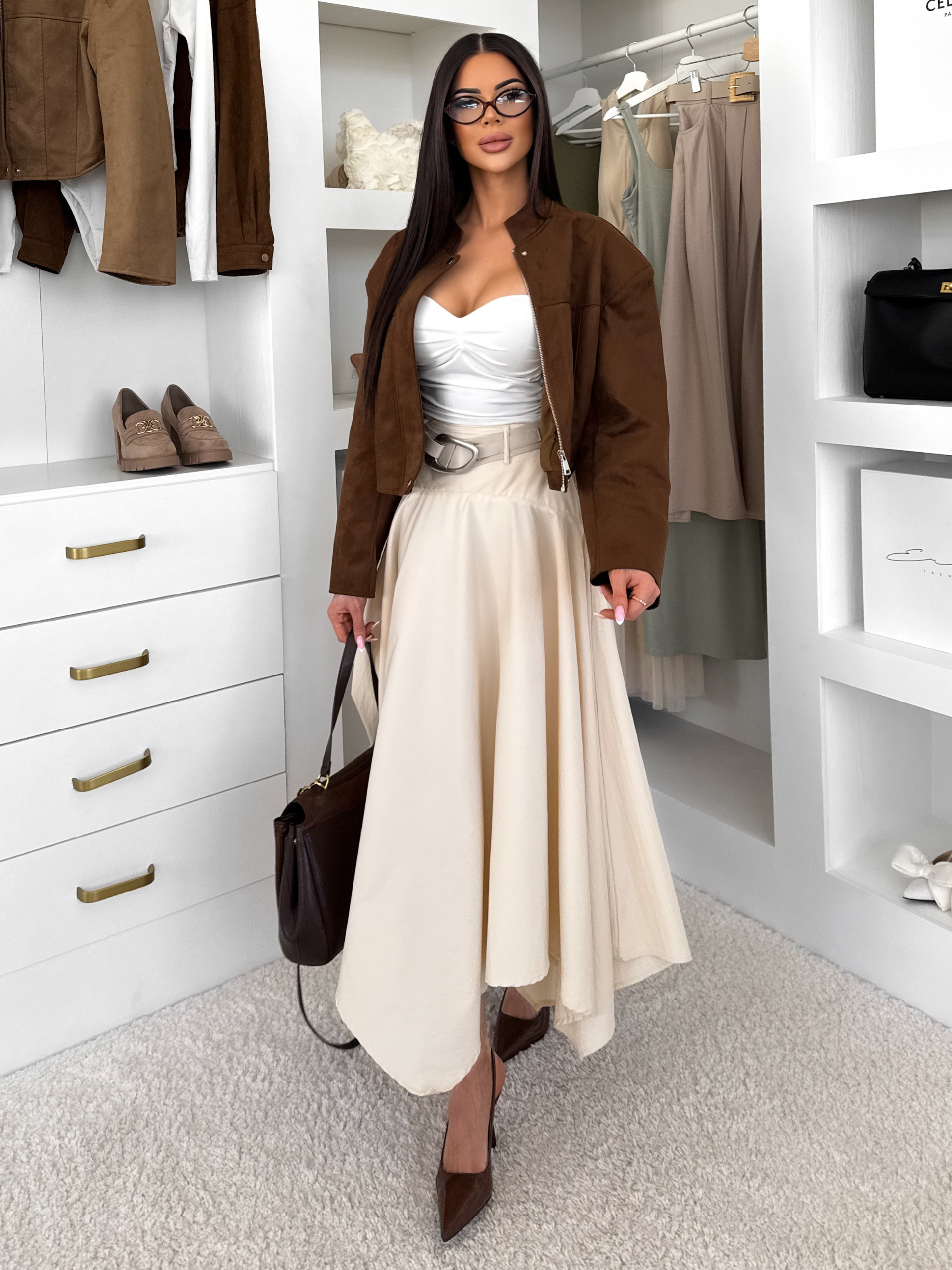 Levně Krémová elegantní dlouhá midi sukně MONTESSA s páskem