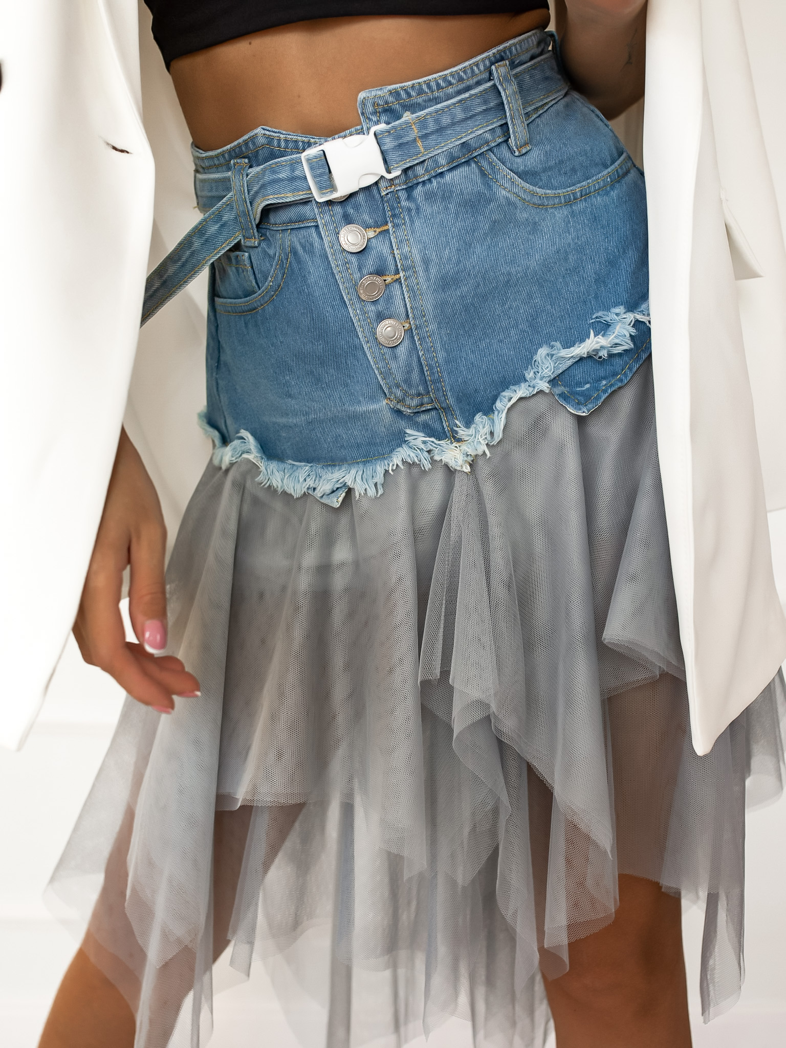 Šedá tylová denim sukně ELEGANCE s páskem Velikost: S