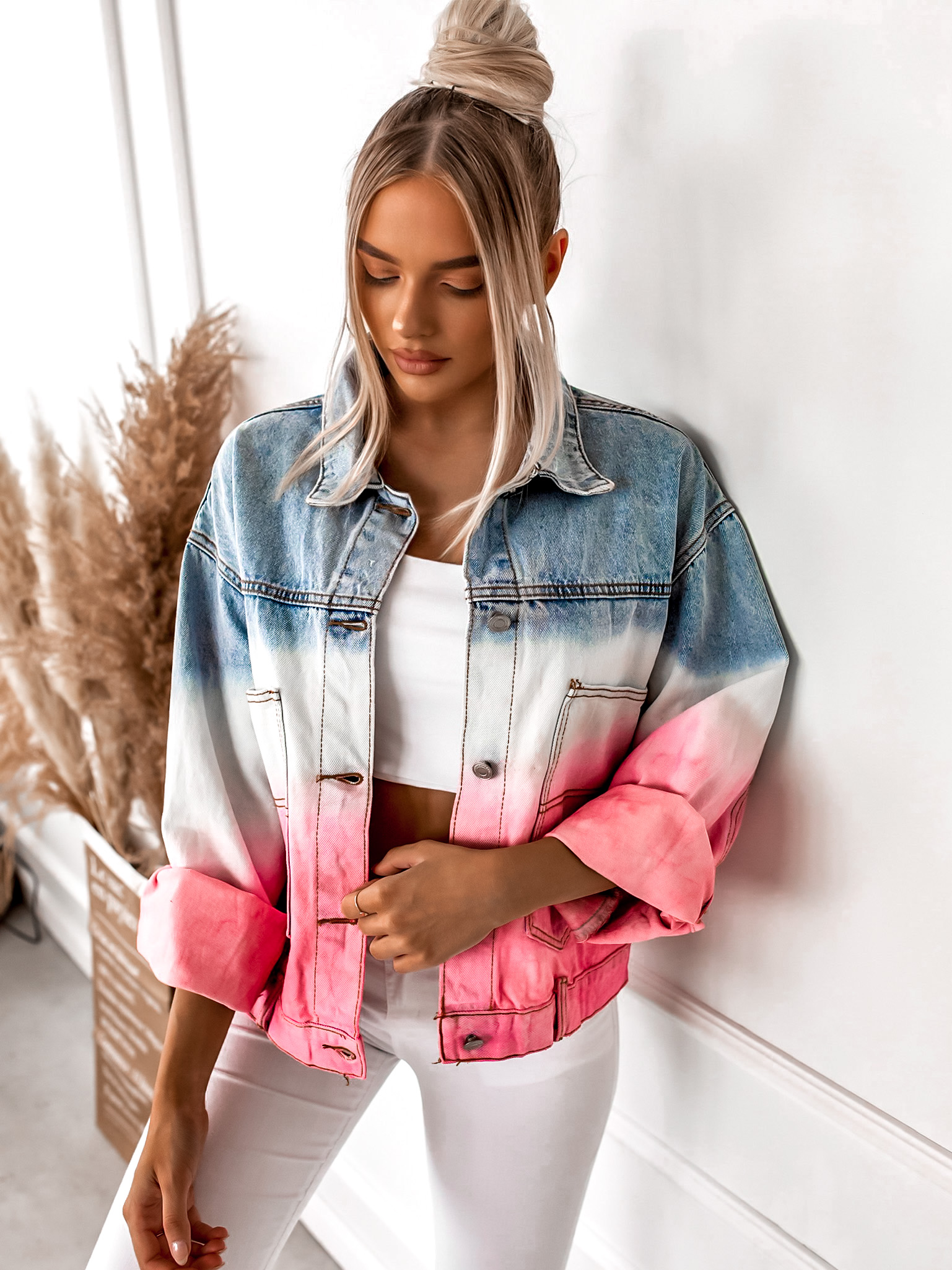Růžovo bílá oversize denim bunda PERYS