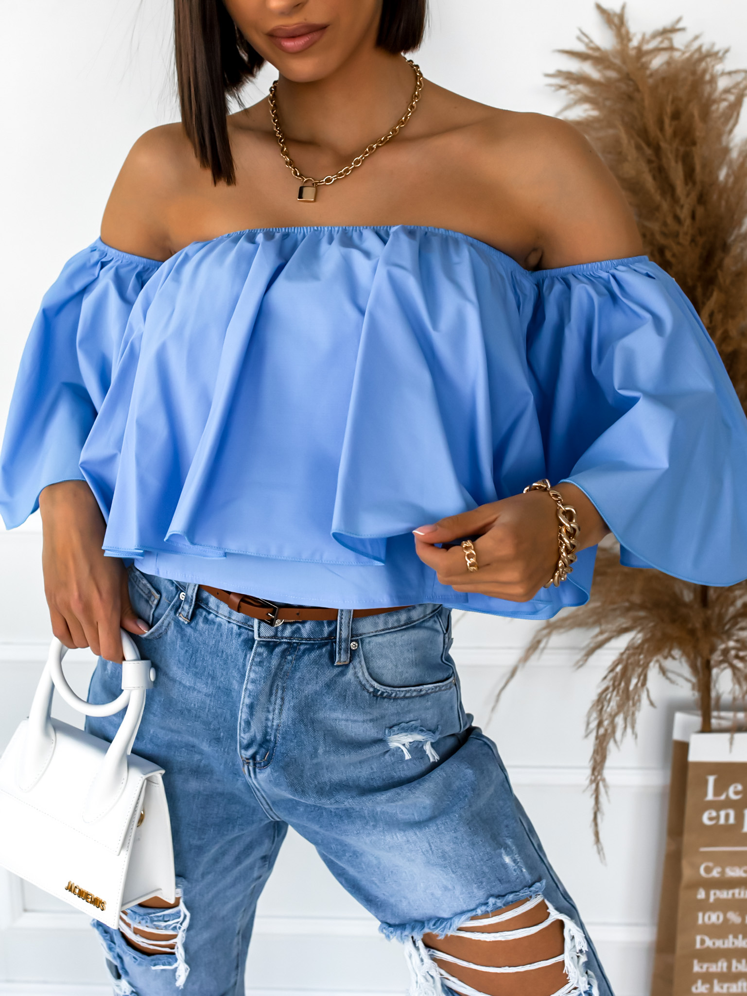 Modrá bavlněná volná crop halenka SPOOK