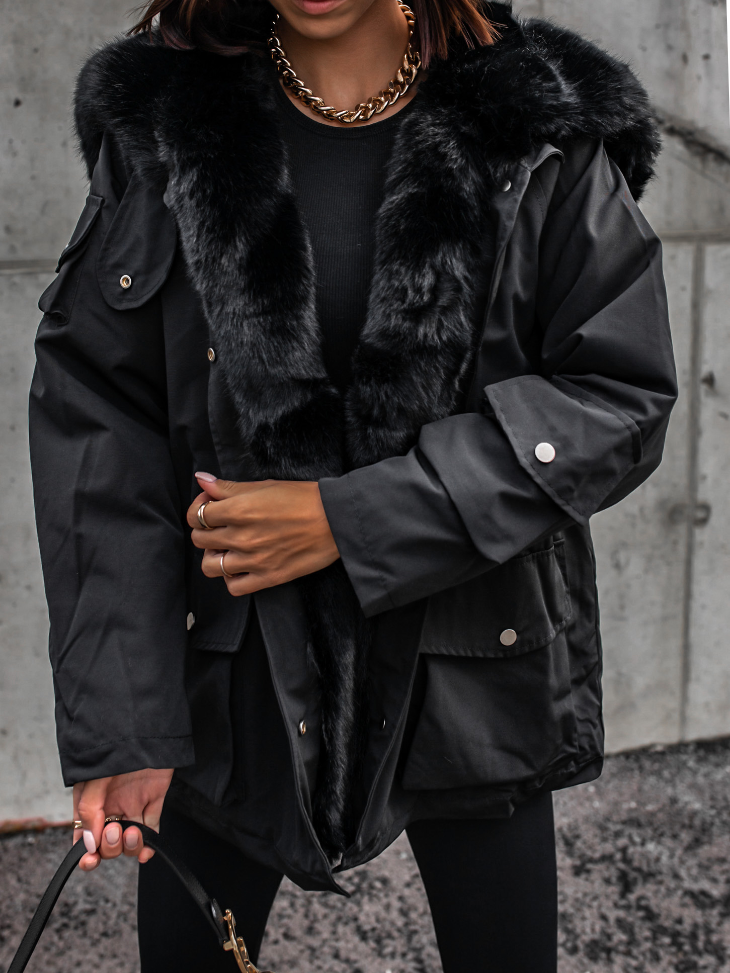 Černá bunda LUIGI s kožešinou 