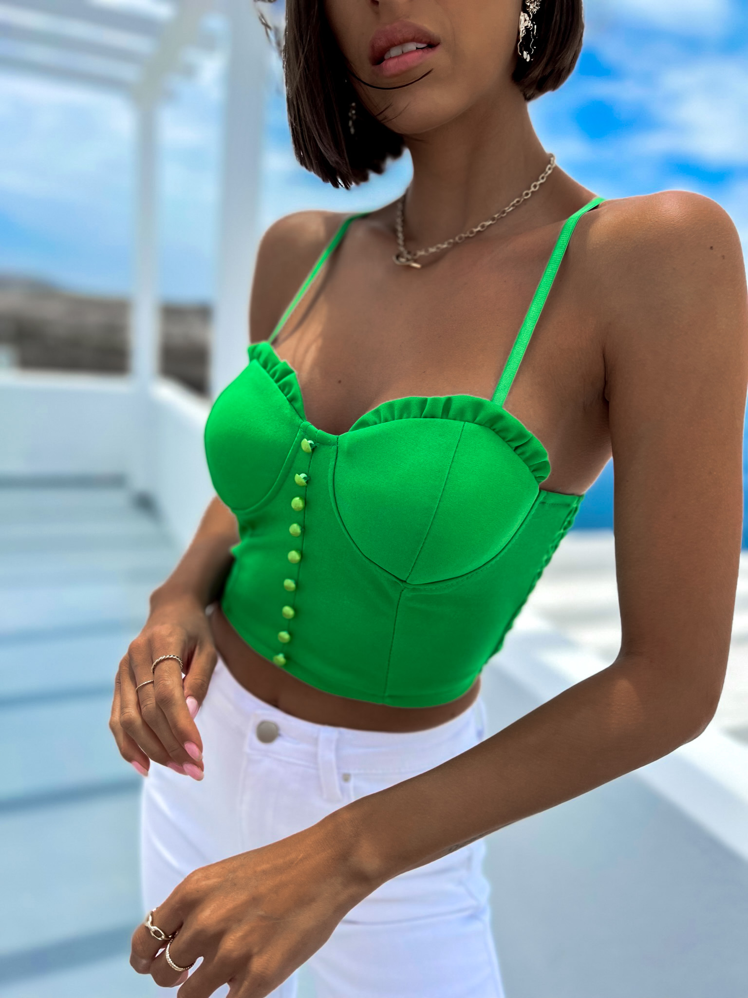 Zelený elegantní crop top CIRRUS s knoflíky