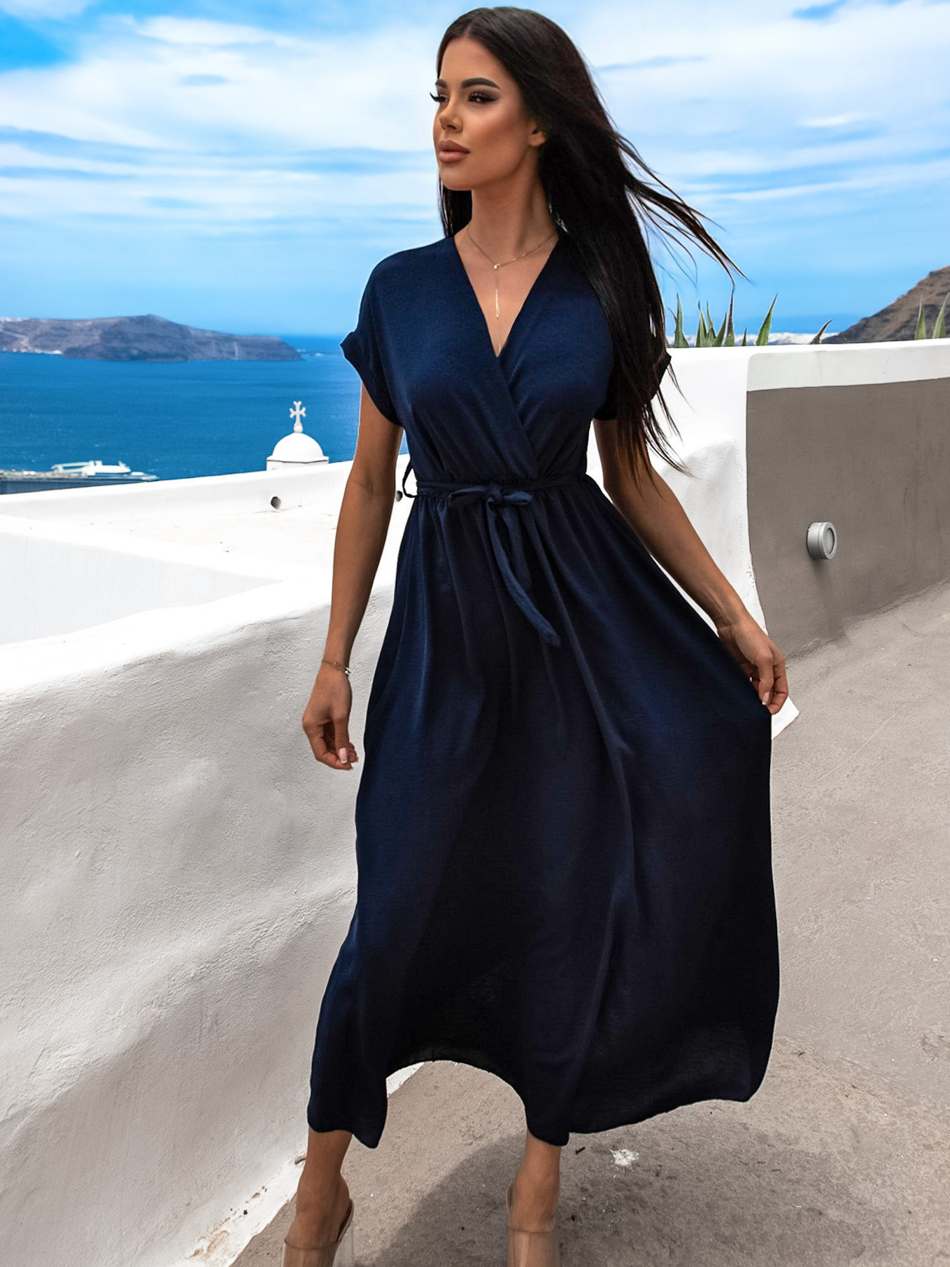 Levně Tmavě modré delší elegantní šaty FEYLING se zavazováním