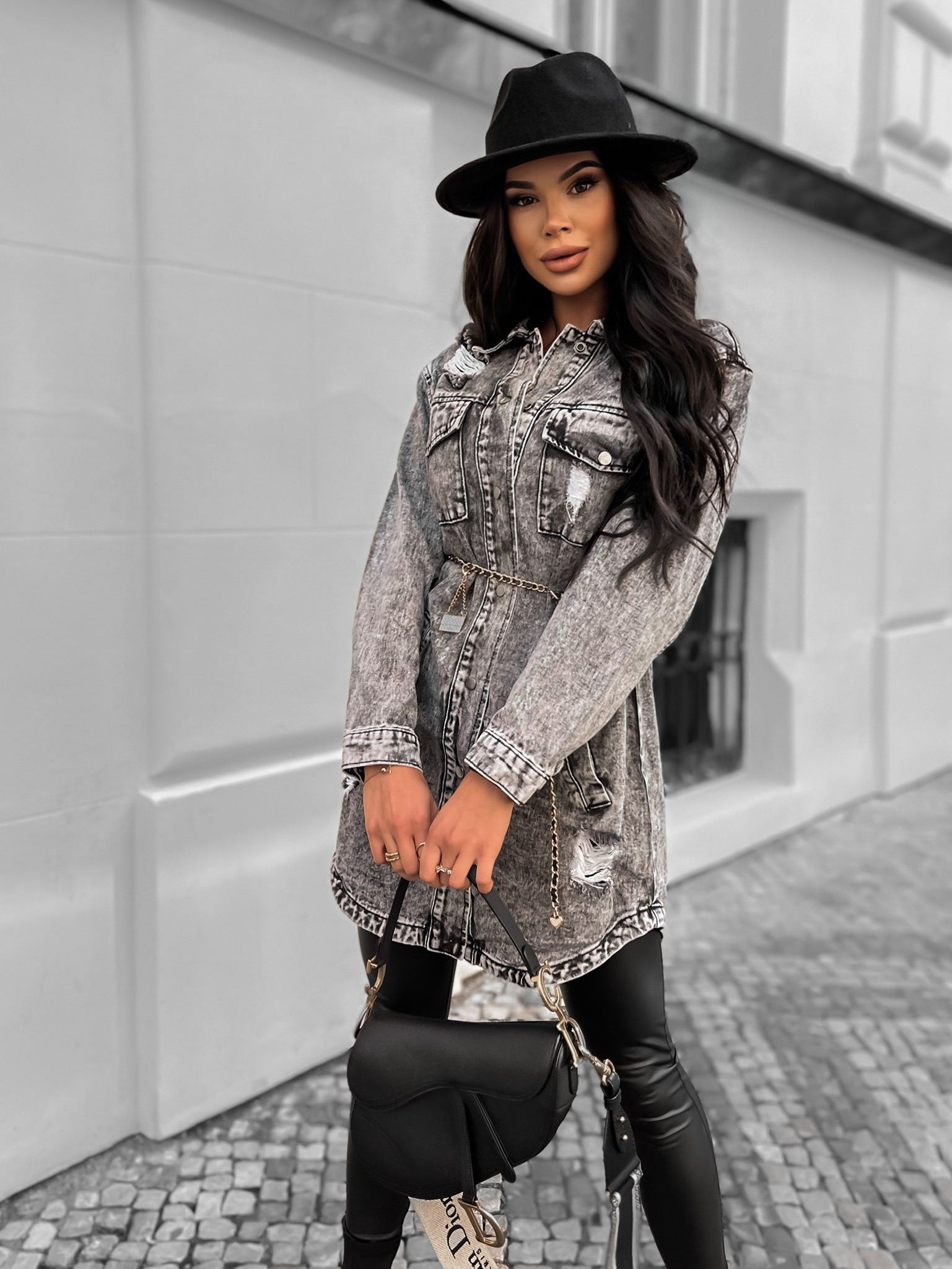 Šedá delší denim bundička GUNNARI s páskem Velikost: M