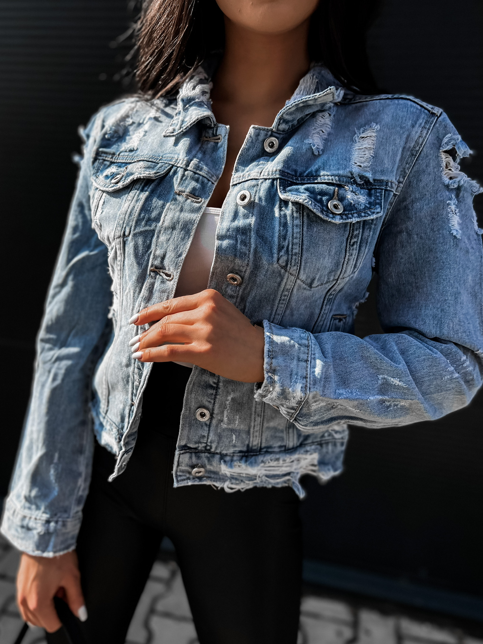 Modrá roztrhaná denim bunda VIERI Velikost: S
