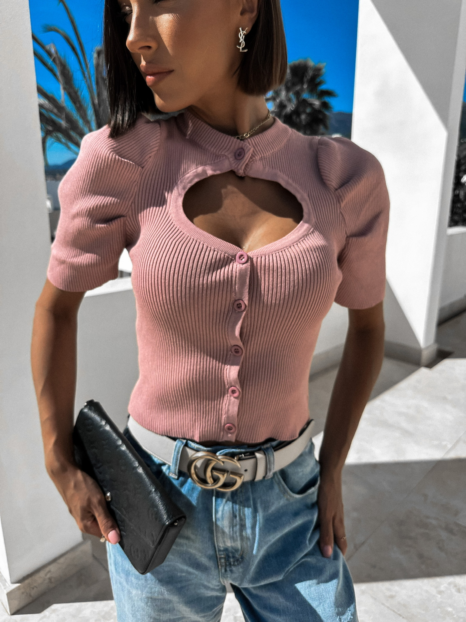 Růžový elegantní crop top DEVERELL s knoflíky Velikost: ONESIZE