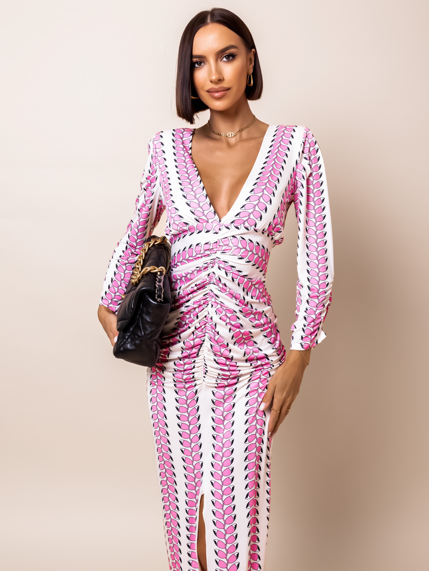 Krémové elegantní šaty SAKURA se vzory Velikost: ONESIZE