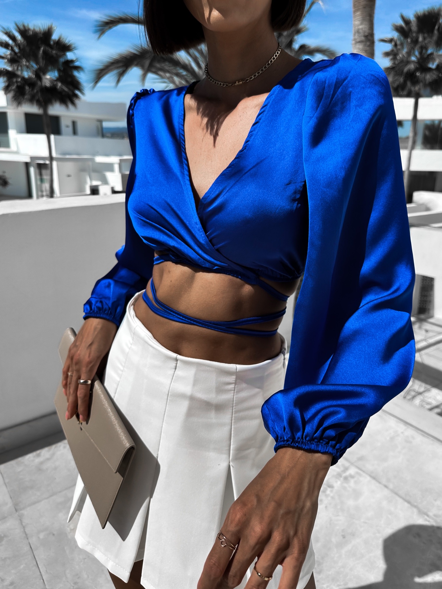 Královsky modrý elegantní crop top ROXIE na zavazování Velikost: ONESIZE