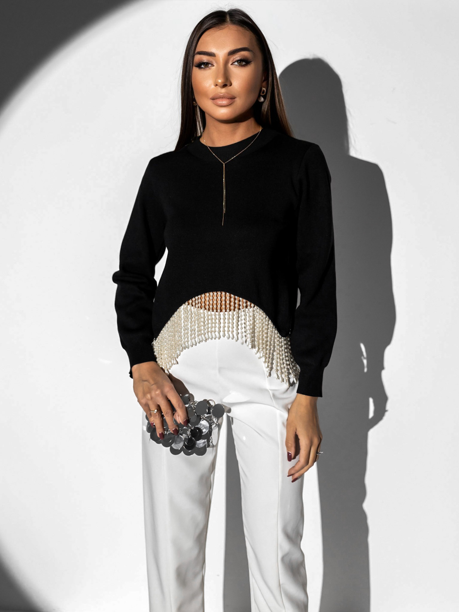 Černý elegantní top DHARA s perličkami Velikost: ONESIZE