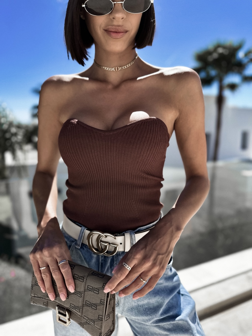 Tmavě hnědý crop top CLEARUS bez ramínek Velikost: ONESIZE