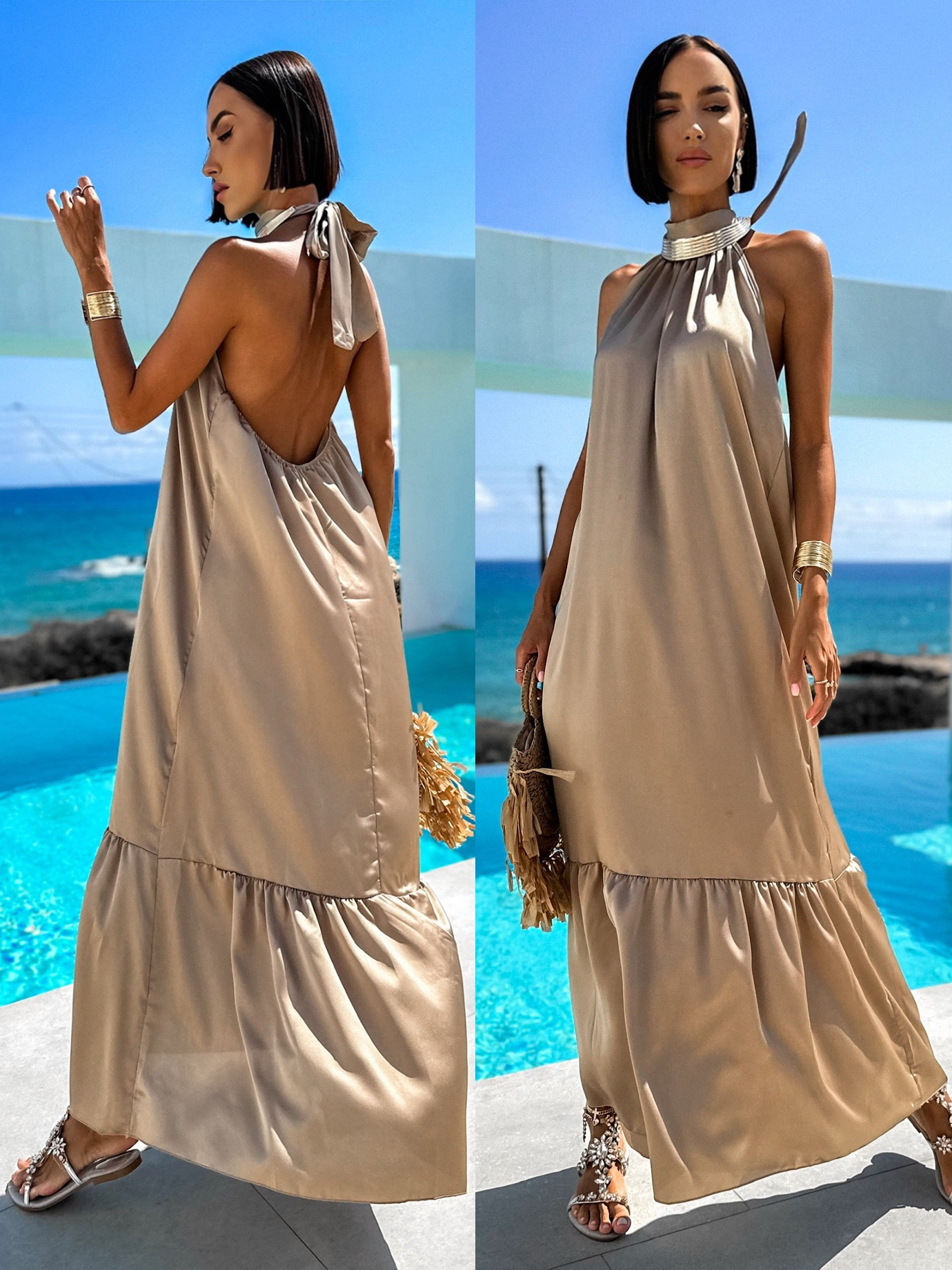 Světle hnědé lesklé dlouhé elegantní šaty SANTLOS Velikost: ONESIZE