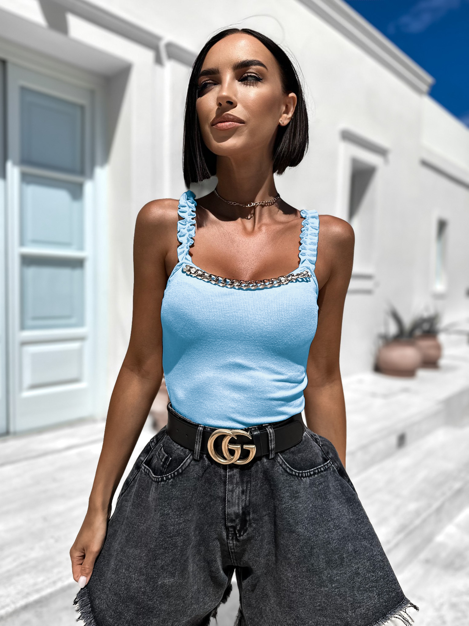Světle modrý elegantní top GENTLY se zlatým detailem Velikost: ONESIZE