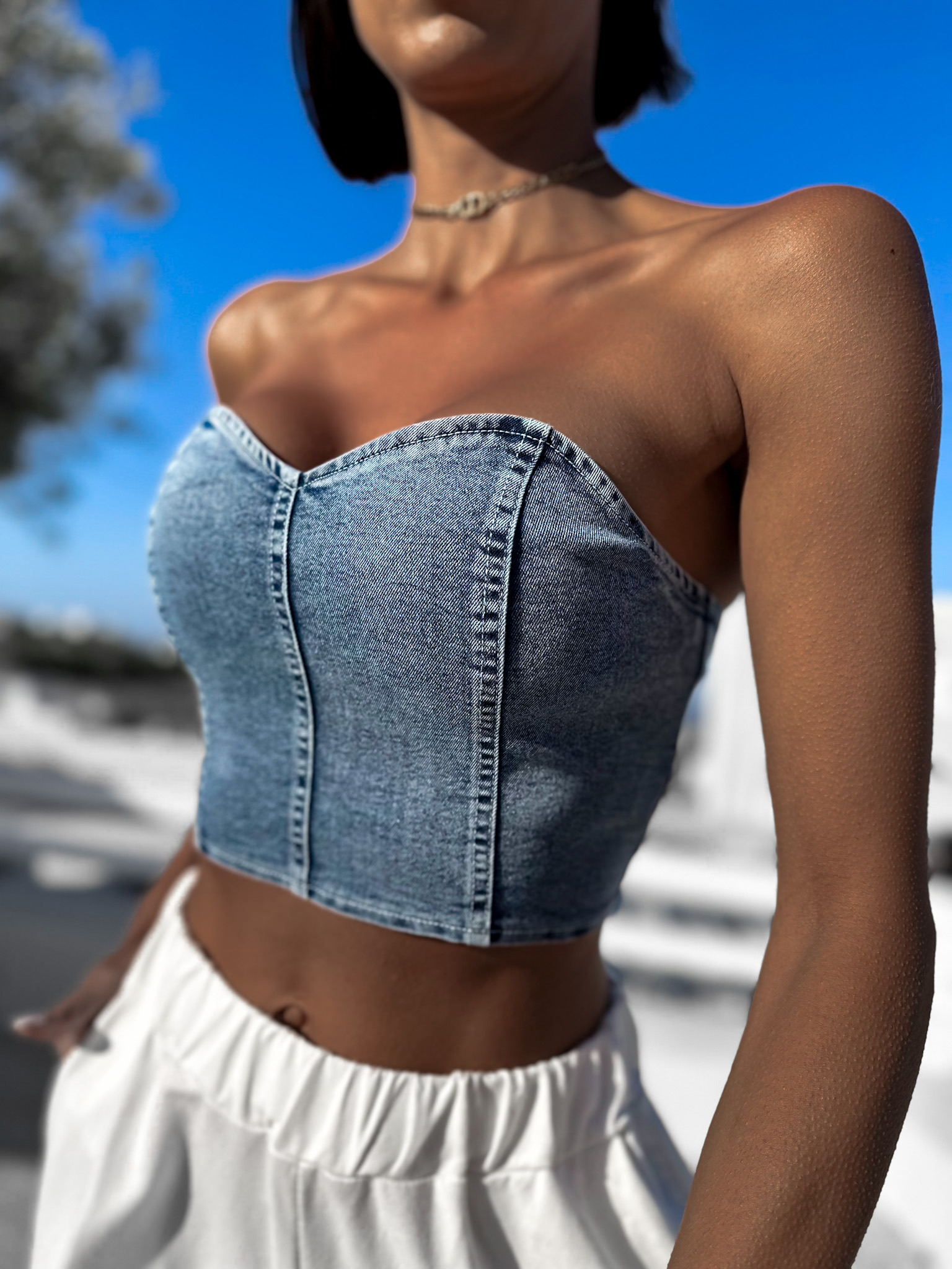 Modrý denim crop top CONCORYN Velikost: M/L