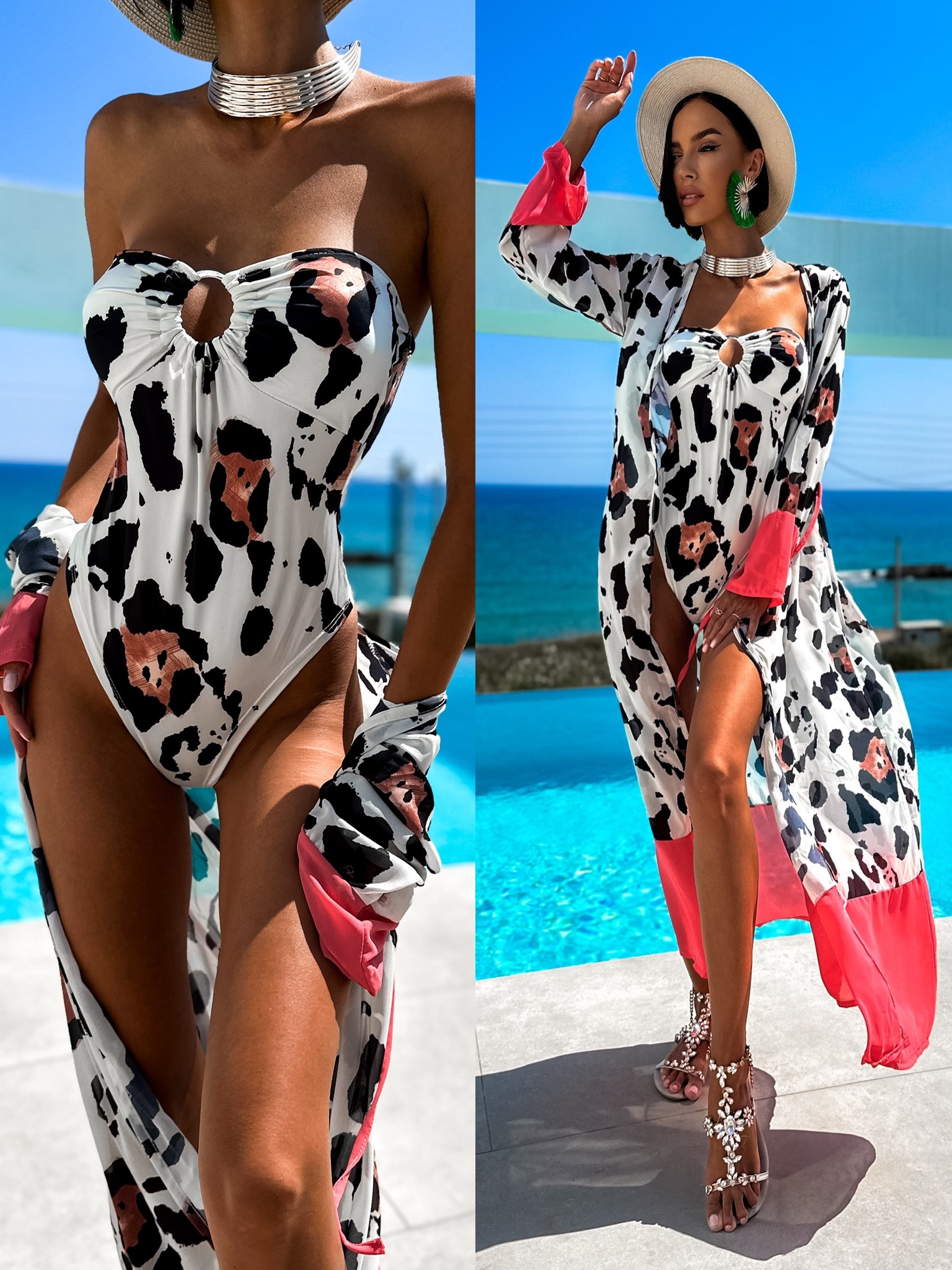 Růžový komplet COWELI body/plavky a přehoz Velikost: ONESIZE
