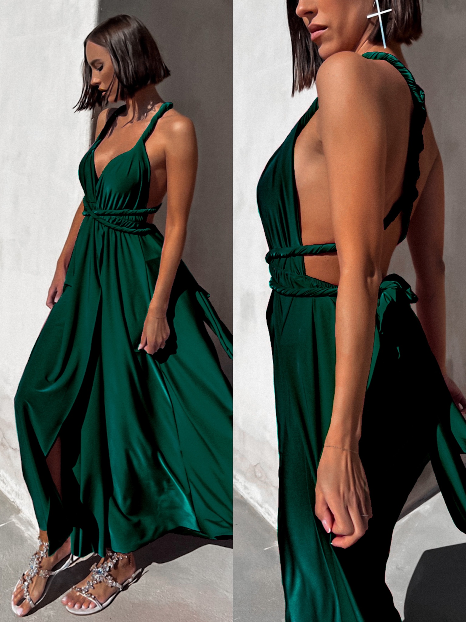 Smaragdové elegantní šaty KATIE s vázáním 