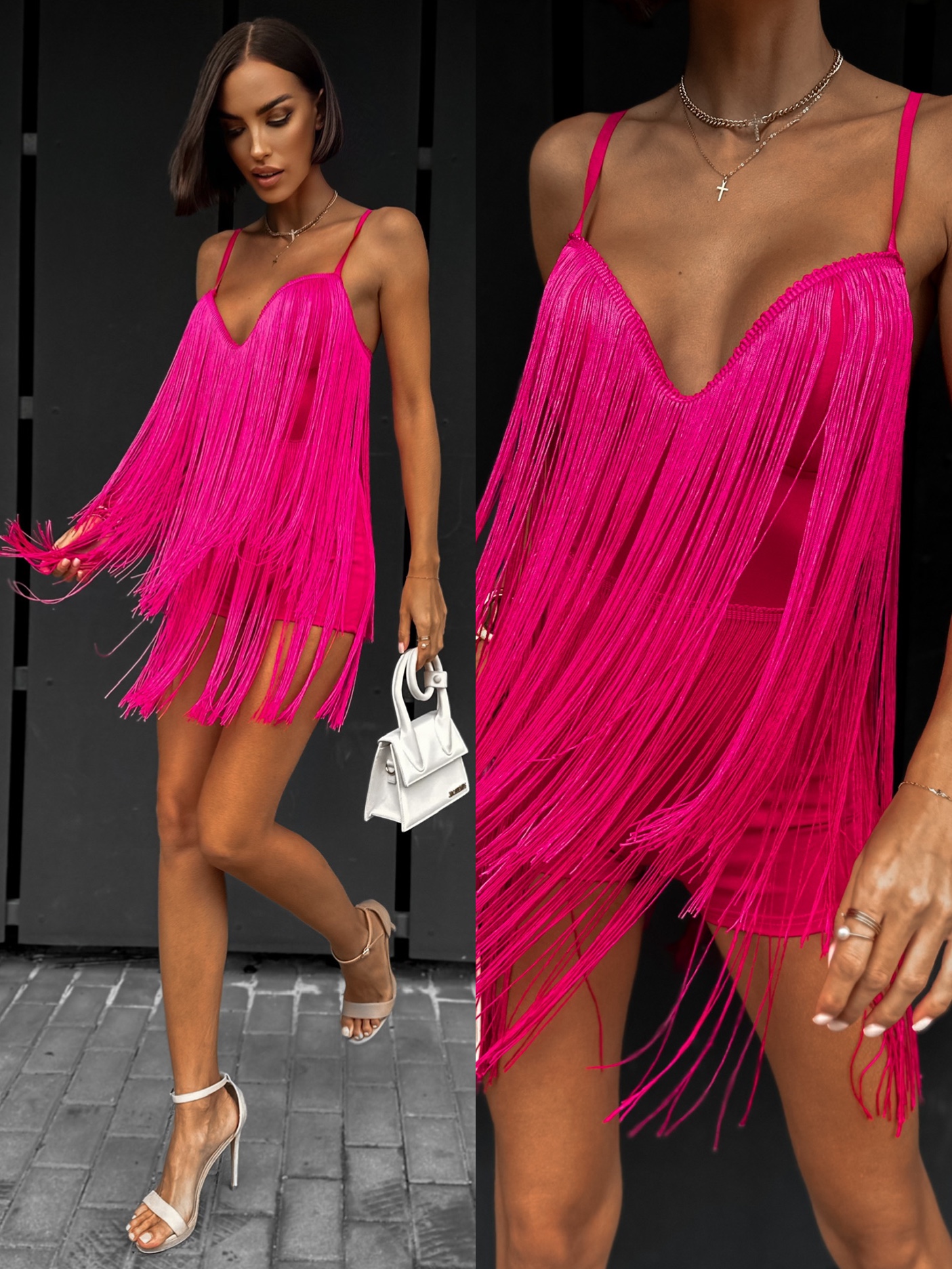 Růžový elegantní overal CONVELLY s třásněmi Velikost: M/L