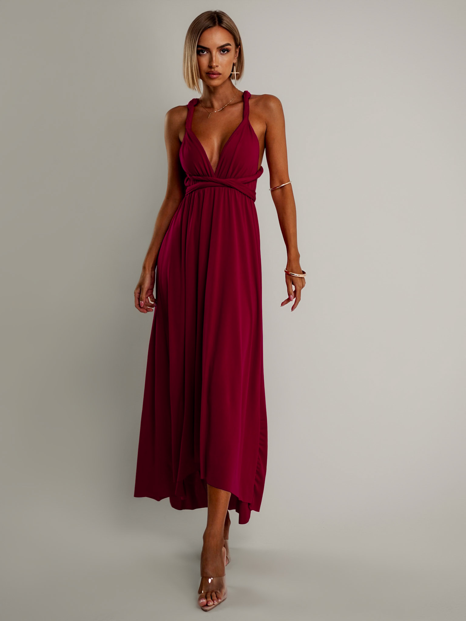 Levně Bordó elegantní šaty BEATRICE s vázáním 