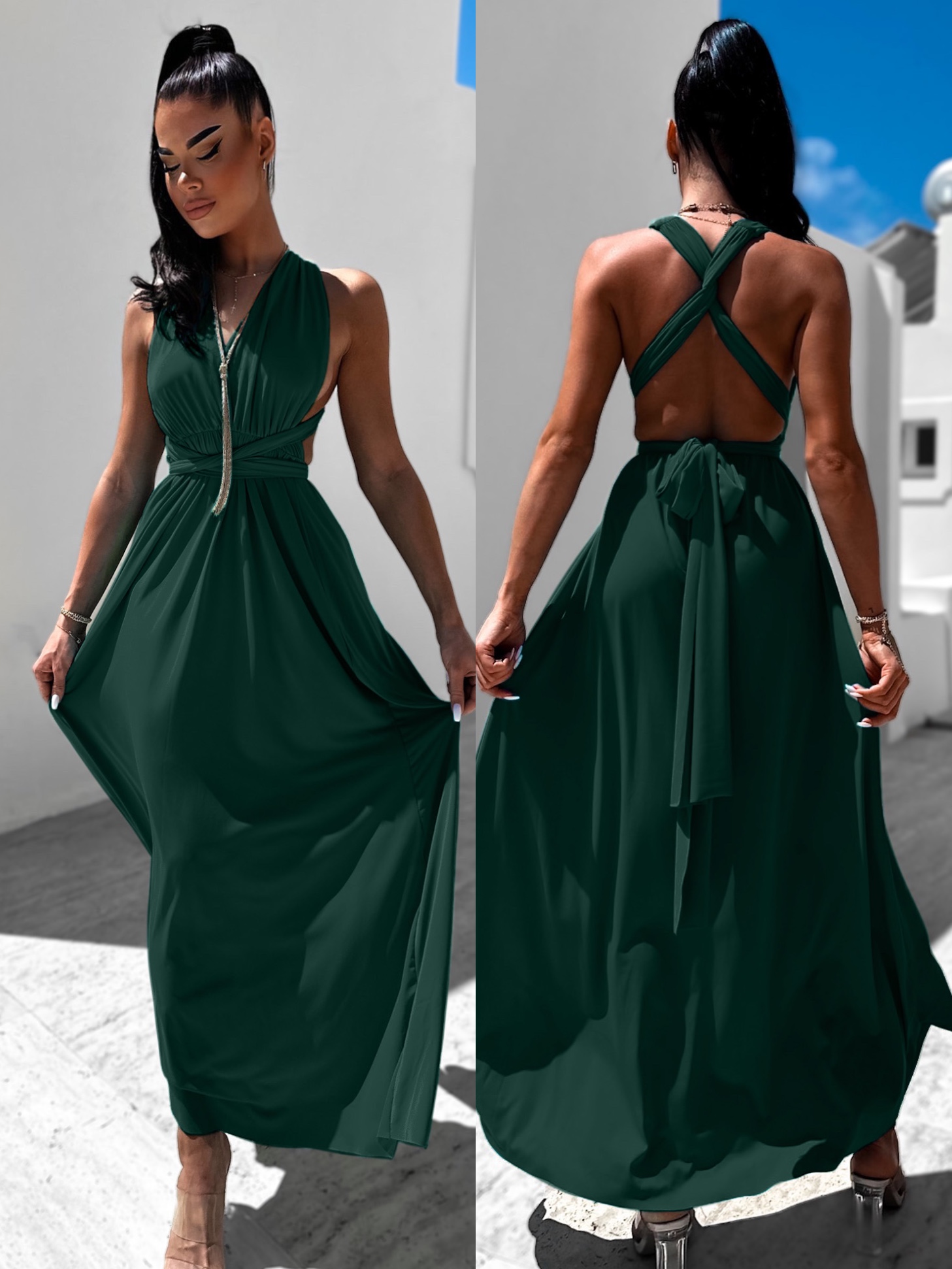 Levně Smaragdové elegantní šaty BEATRICE s vázáním