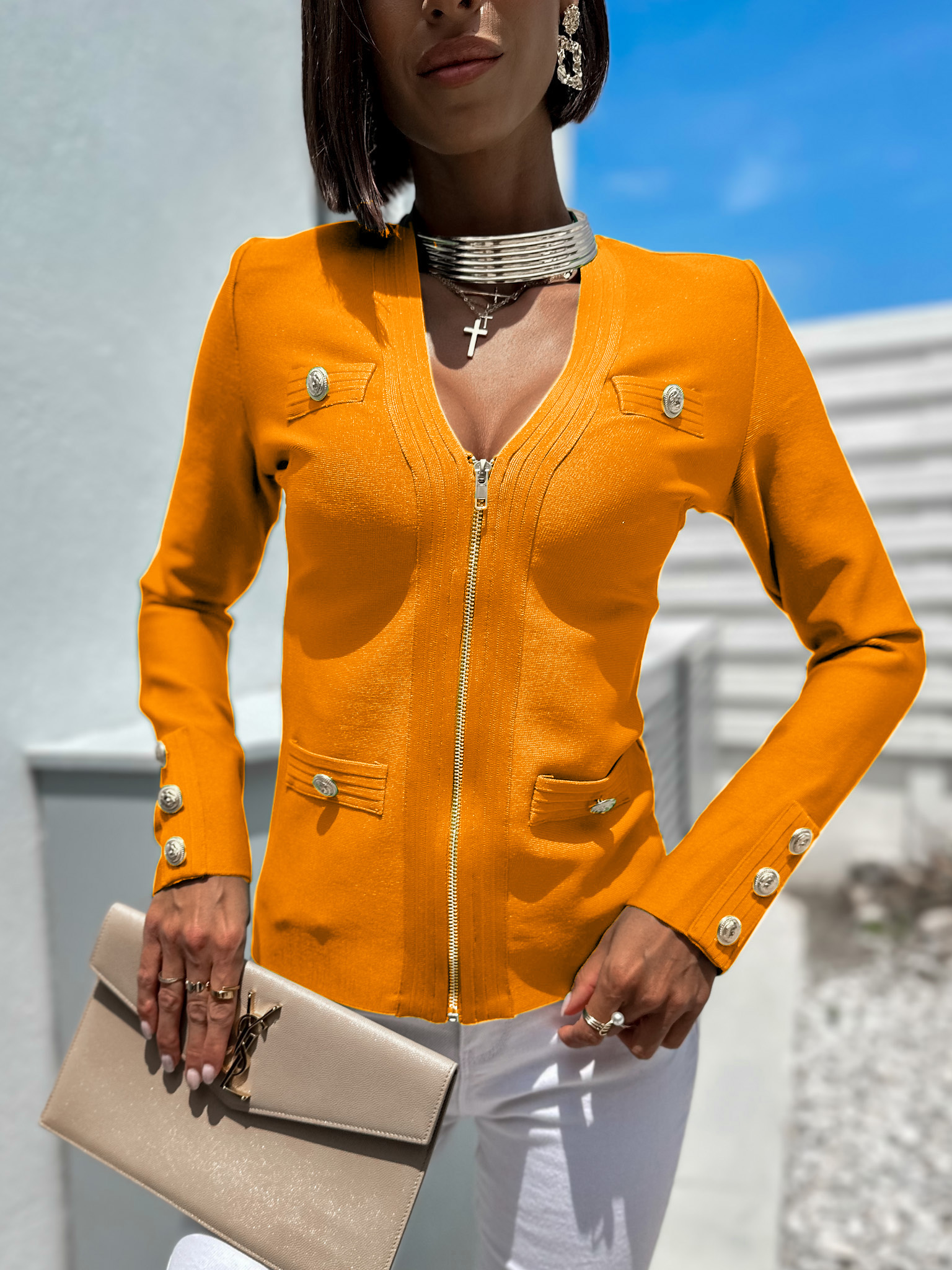 Oranžový elegantní blazer SENDETYNE s knoflíky Velikost: S