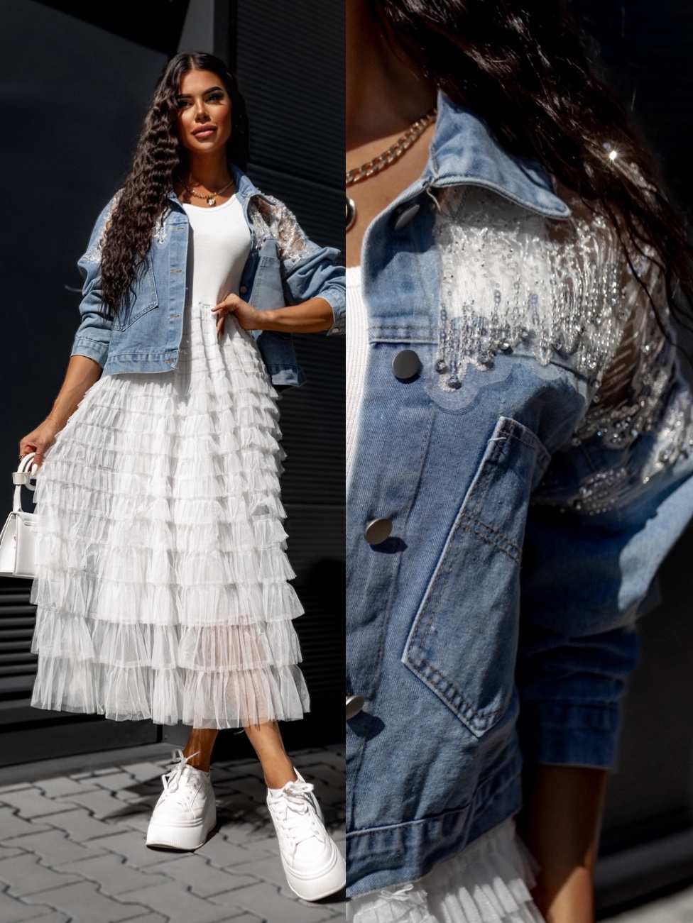 Modrá denim bunda COAT se stříbrnými aplikacemi Velikost: ONESIZE