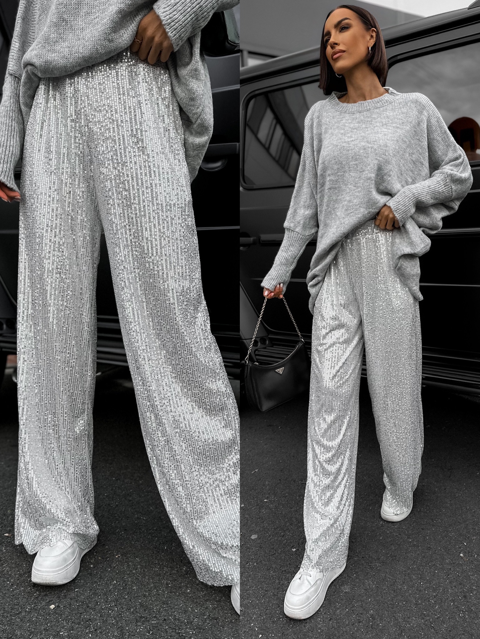 Levně Bílé elegantní flitrované kalhoty MUGE