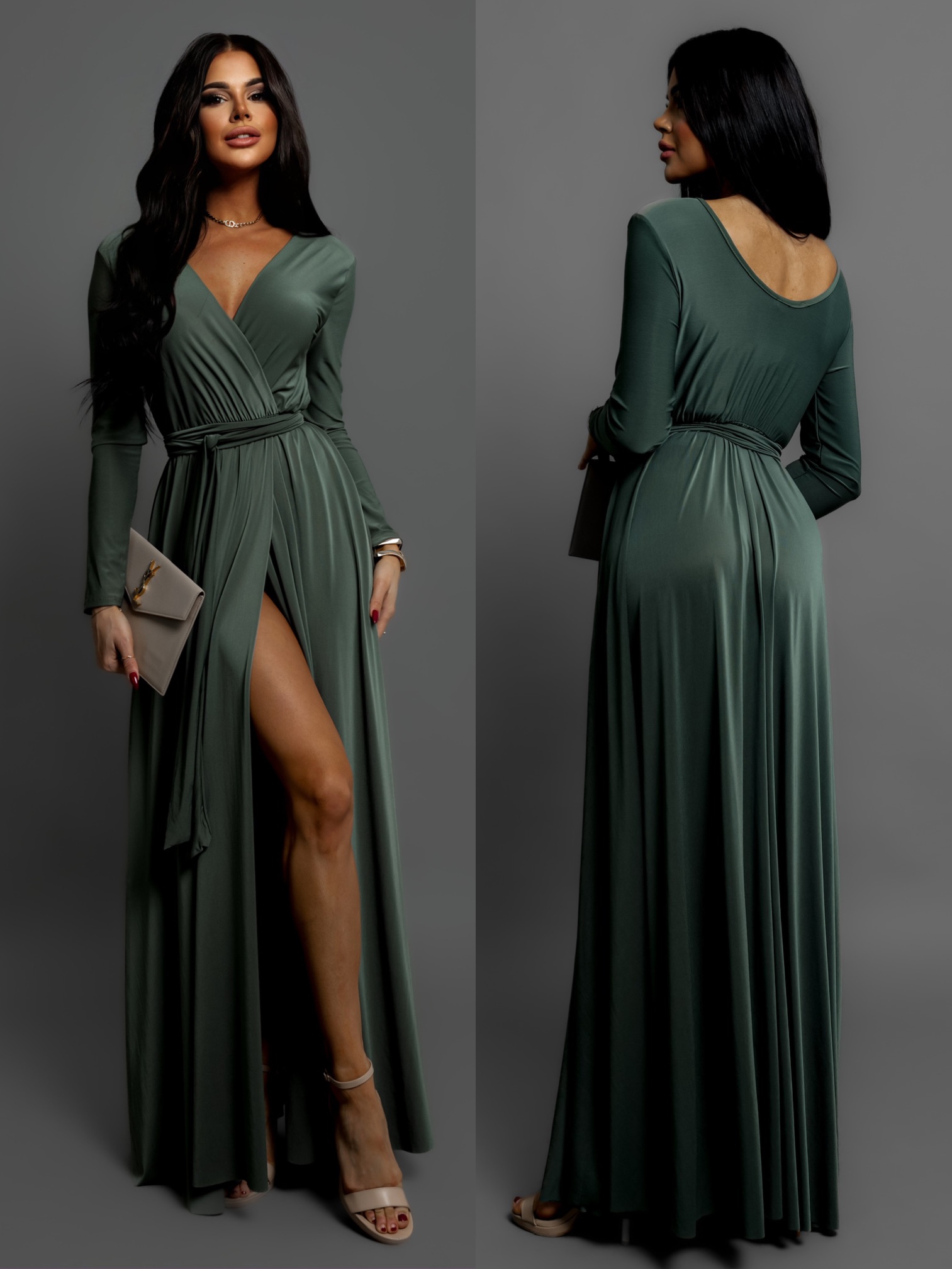 Levně Khaki dlouhé elegantní šaty JOELLIAN