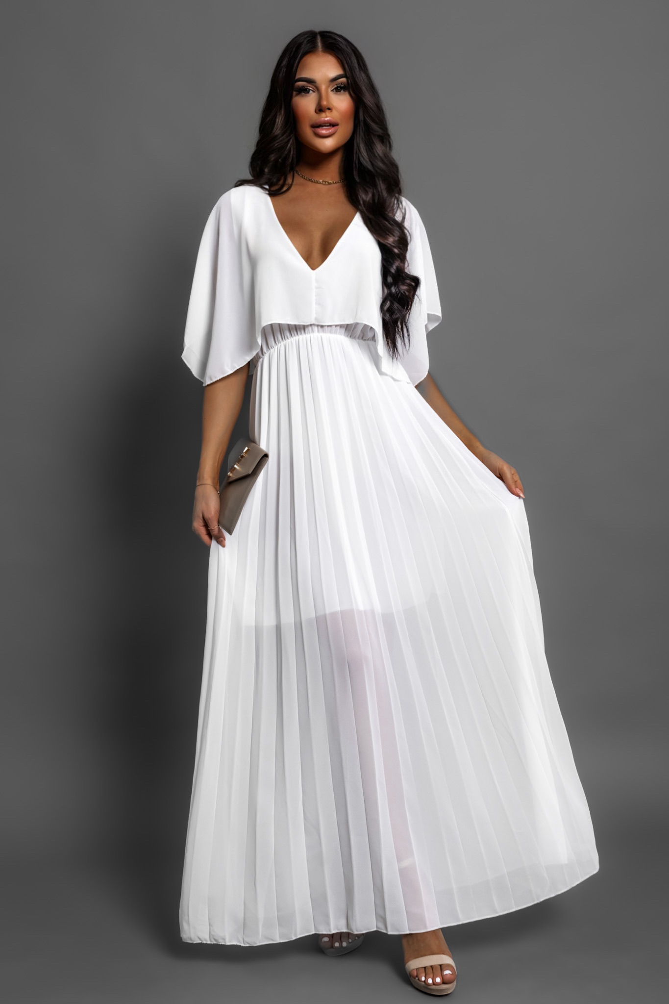 Levně Bílé elegantní šaty PARFOMELLE s výsřihem do V