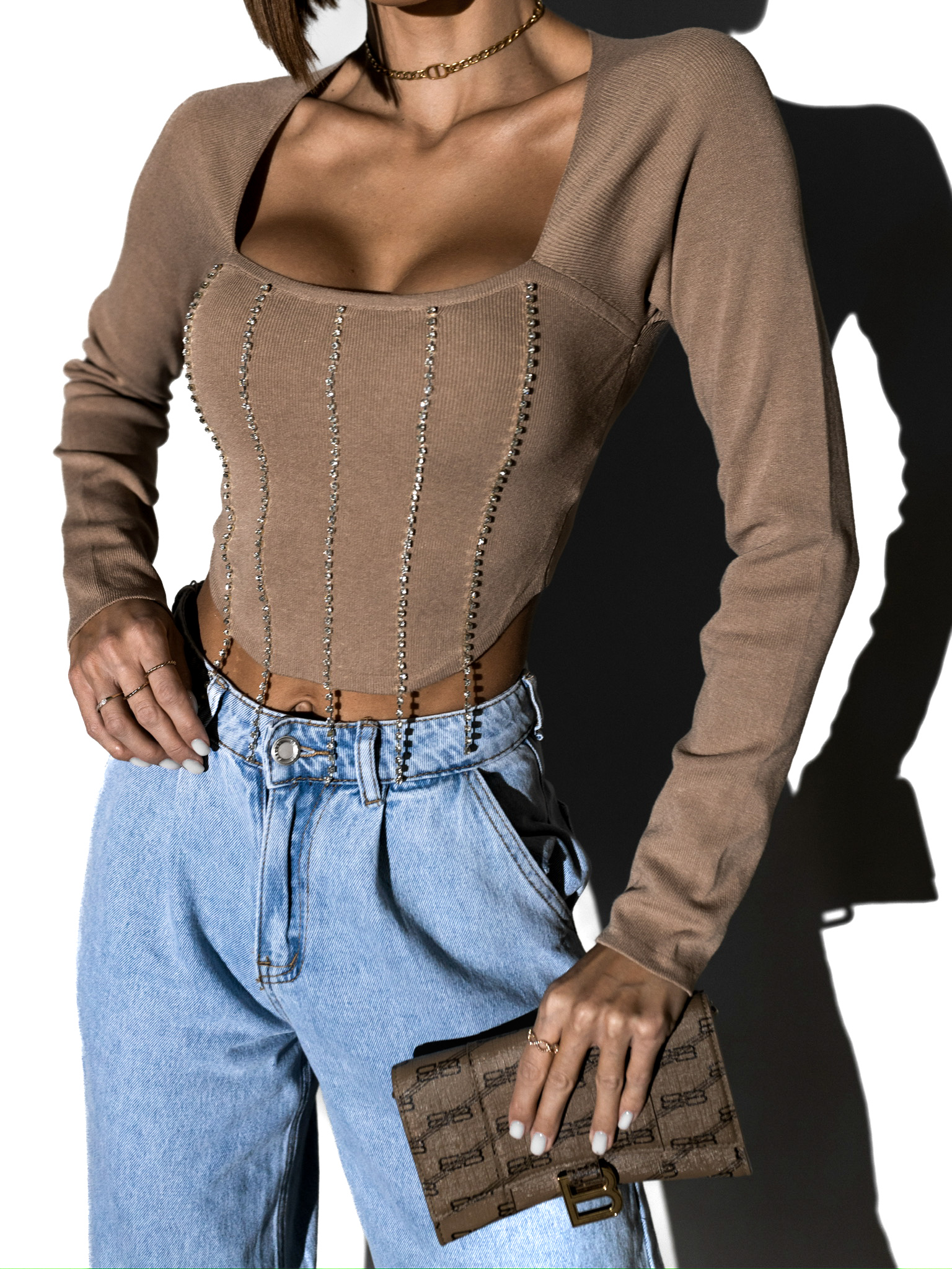 Hnědý top MANYA s kamínky 